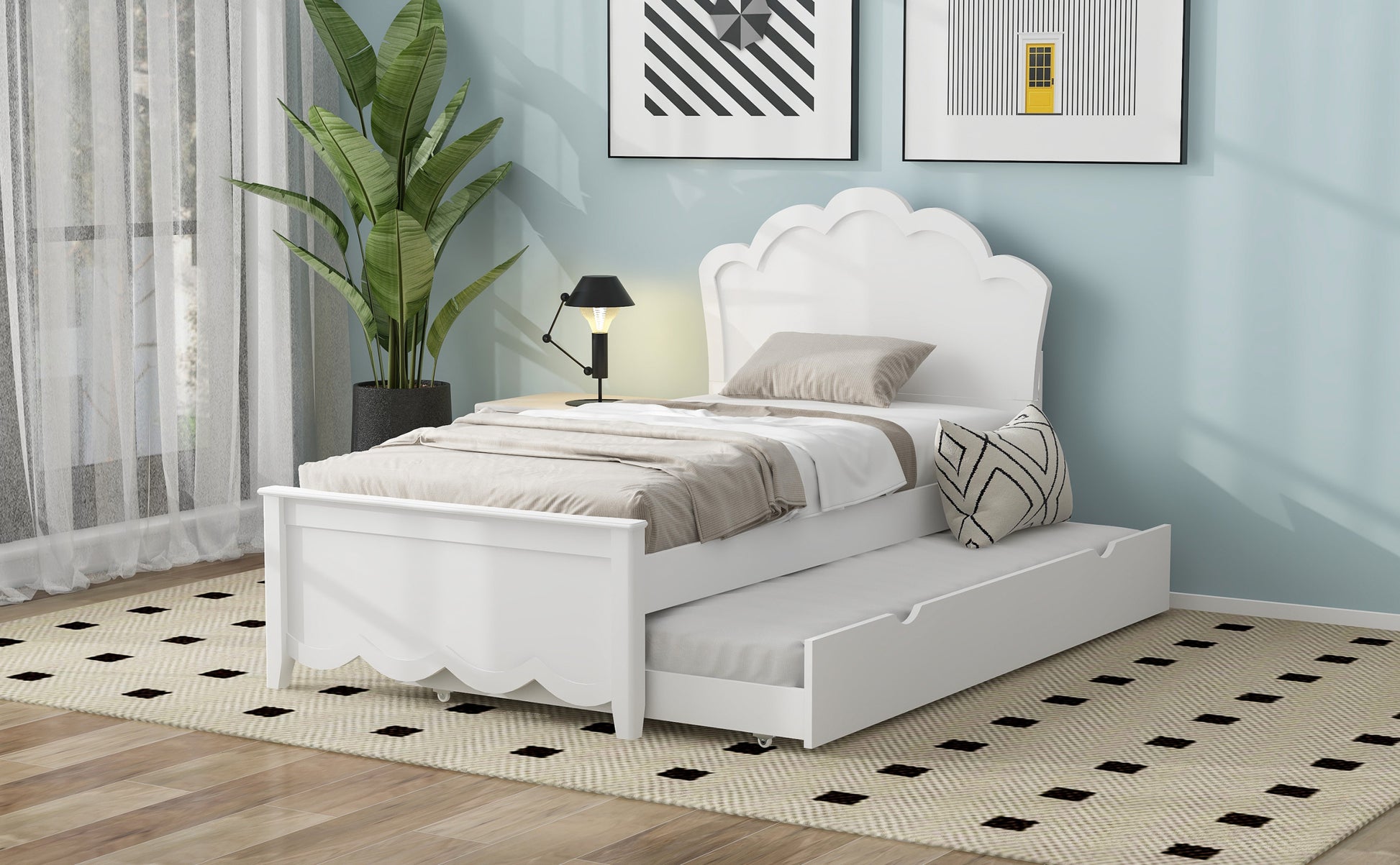 Twin Size Wood Platform Bed With Headboard And Twin Size Trundle, White Box Spring Not Required Twin White Wood Bed Frame Solid Wood Mdf