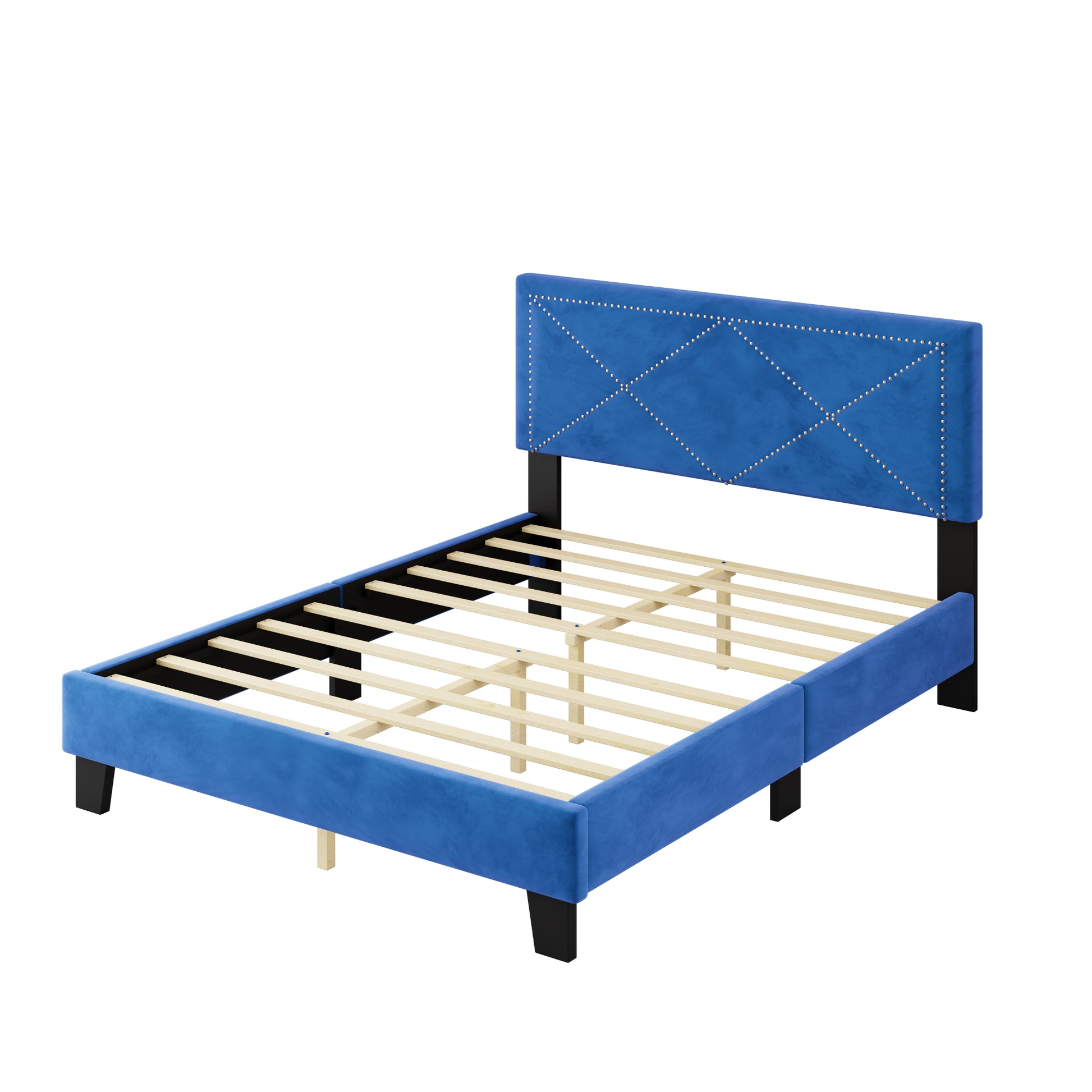 Simple Queen Size Upholstered Bed Frame With Rivet Design, Modern Velvet Platform Bed With Headboard, Blue Queen Blue Bedroom Bed Frame Velvet Solid Wood Mdf