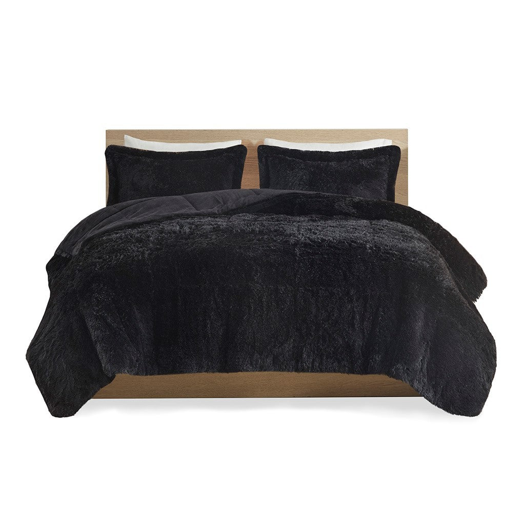 Shaggy Long Fur Comforter Mini Set King Black Polyester