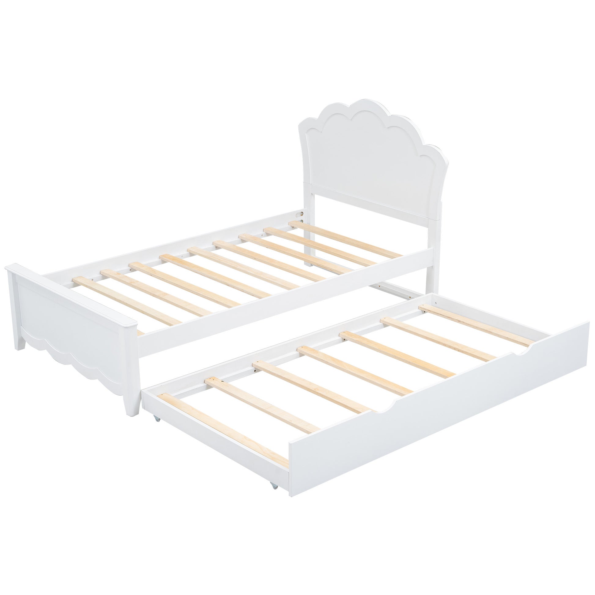 Twin Size Wood Platform Bed With Headboard And Twin Size Trundle, White Box Spring Not Required Twin White Wood Bed Frame Solid Wood Mdf