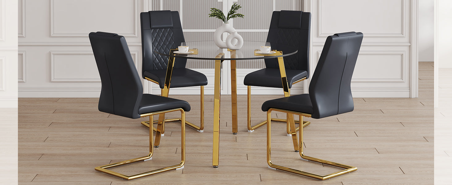 Table And Chair Set.A Modern Minimalist Style Round Clear Tempered Glass Table With Metal Legs.Paried With Black Chairs With Modern Pu Leather High Back Upholstered And C Tube Golden Legs. Black,Transparent Seats 4 Glass