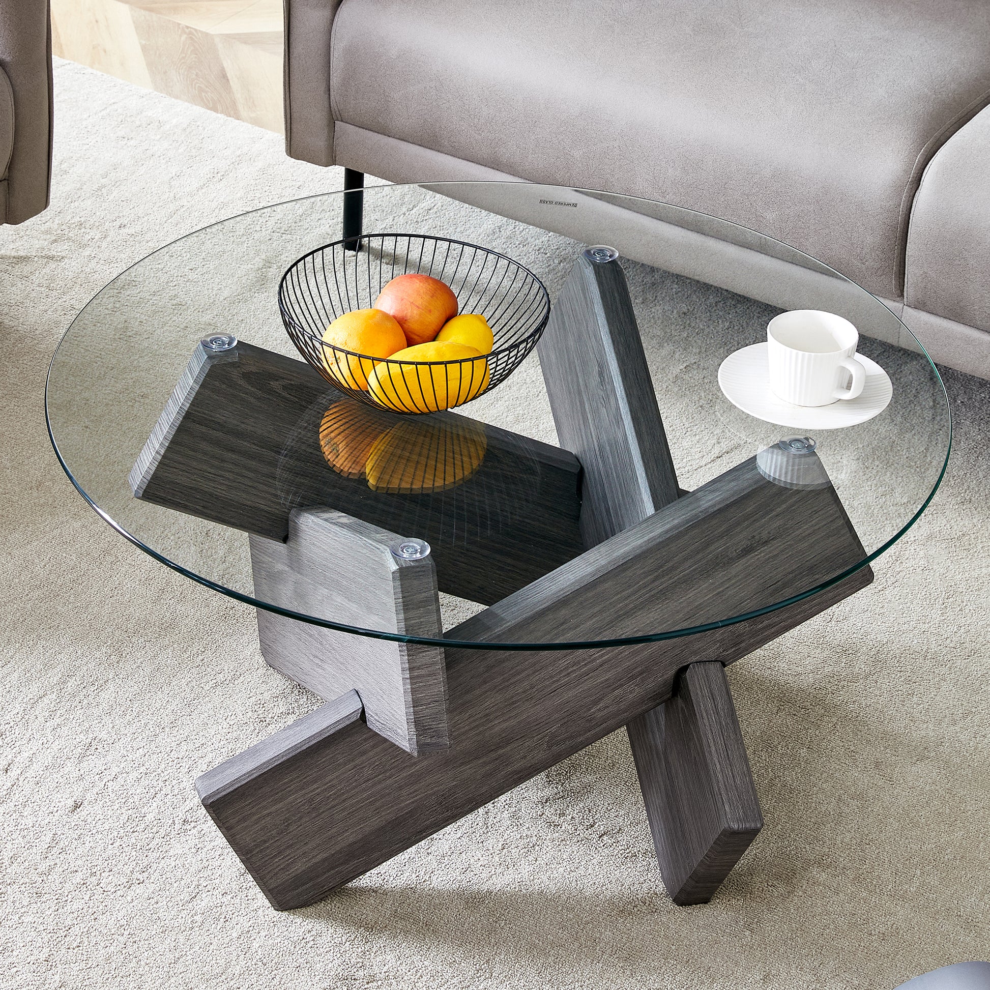 Round Glass Coffee Table, 33.4" Modern Design Unique Coffee Table. Tempered Glass Top With Grey Patterned Mdf Legs. Suitable For Living And Dining Rooms Gray Mdf Glass