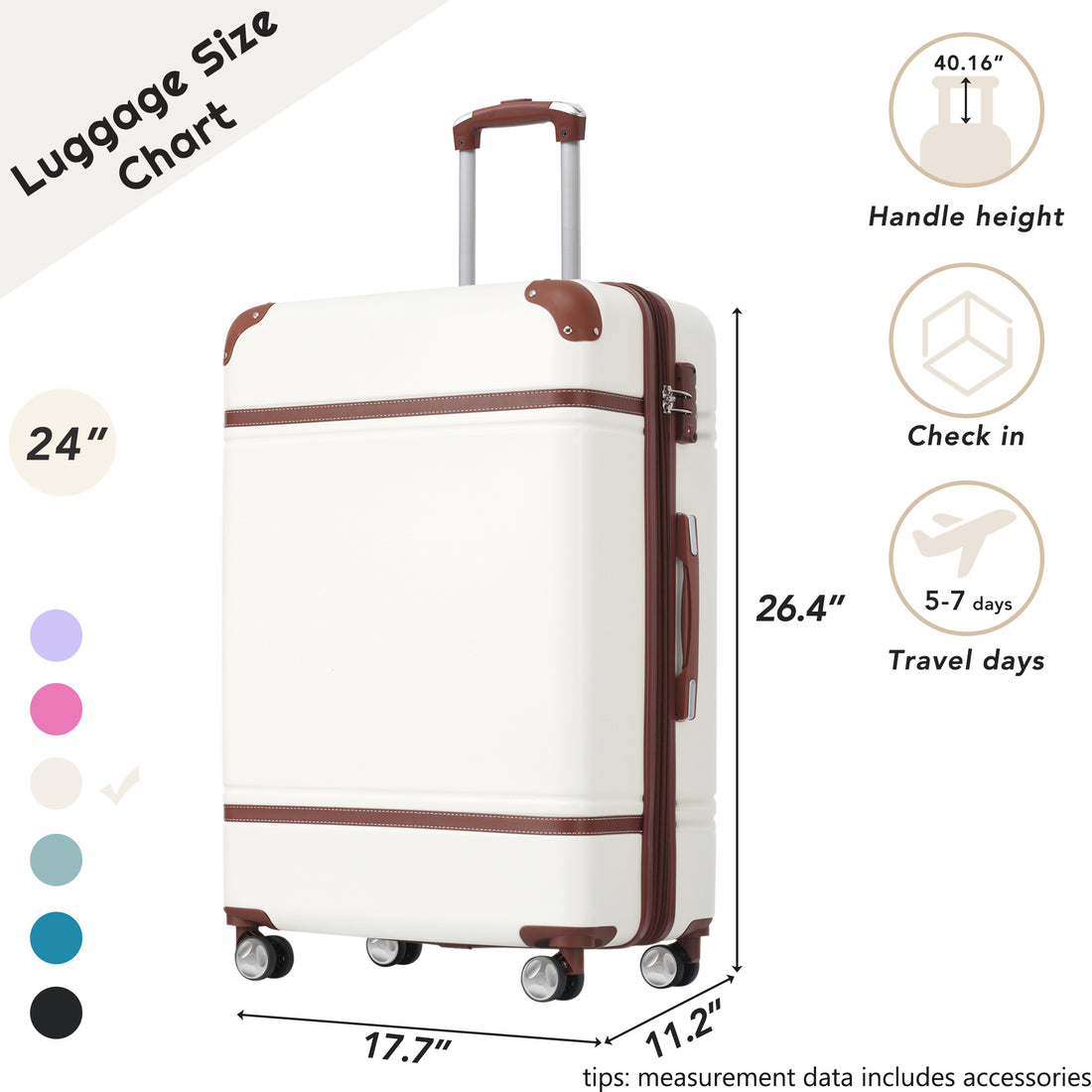 Hardshell Luggage With Tsa Lock24" Expandable Lightweight Suitcase With Spinner Wheels, Single Vintage Luggage,White White Abs