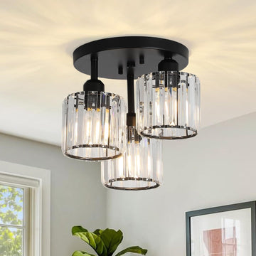 Crystal Semi Flush Mount Ceiling Light,3 Light Modern Close To Ceiling Light Fixtures,Black Kitchen Light Fixtures With Clear Crystal Shade,Hallway Light Fixtures For Hallway Bedroom Bathroom Black Crystal