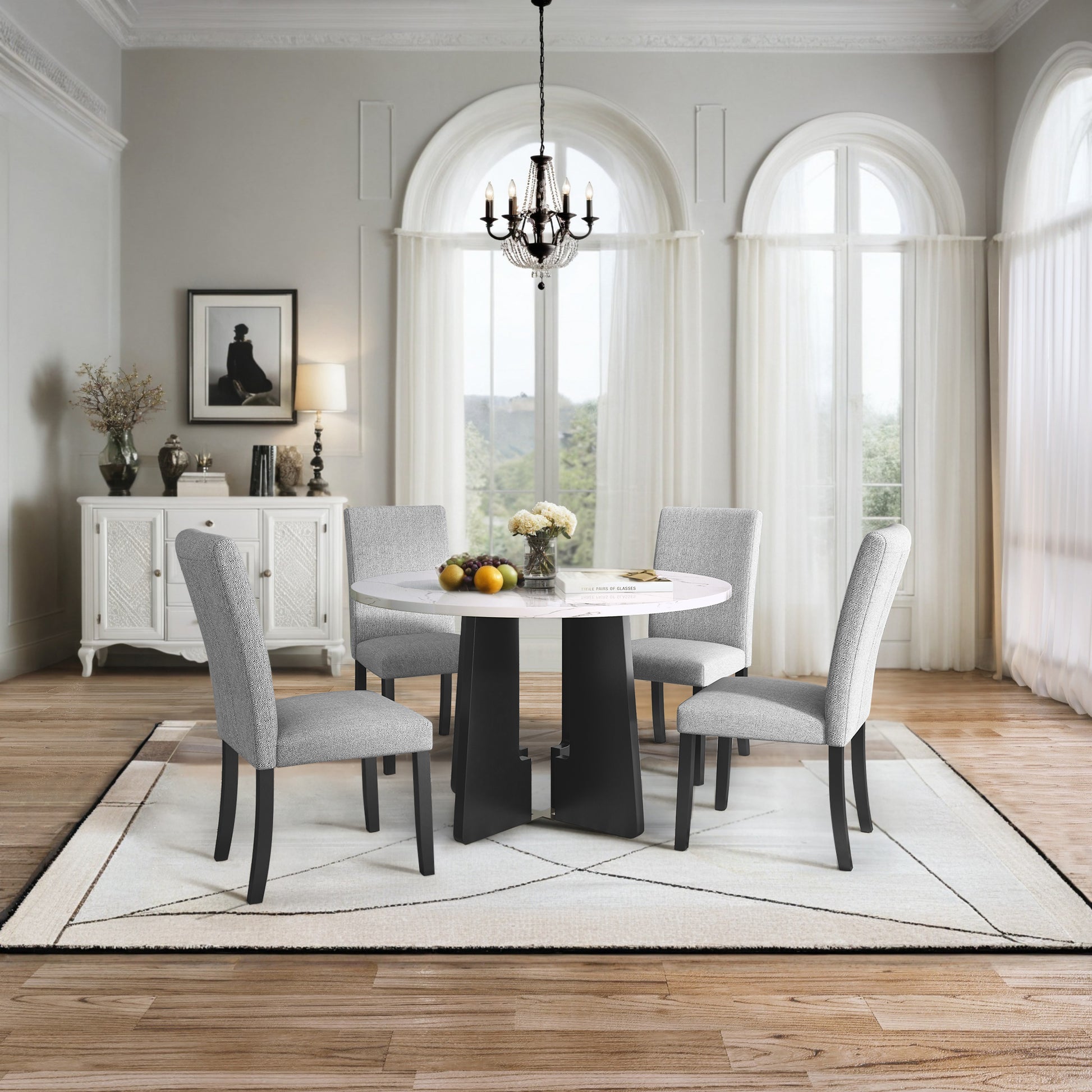 5 Piece Round Dining Table Set, 43 Inch Modern Dining Table And 4 Upholstered Chairs For Dining Room, Kitchen Room, Living Room, Easy Assembly Upholstered Chair White Gray Dining Room American