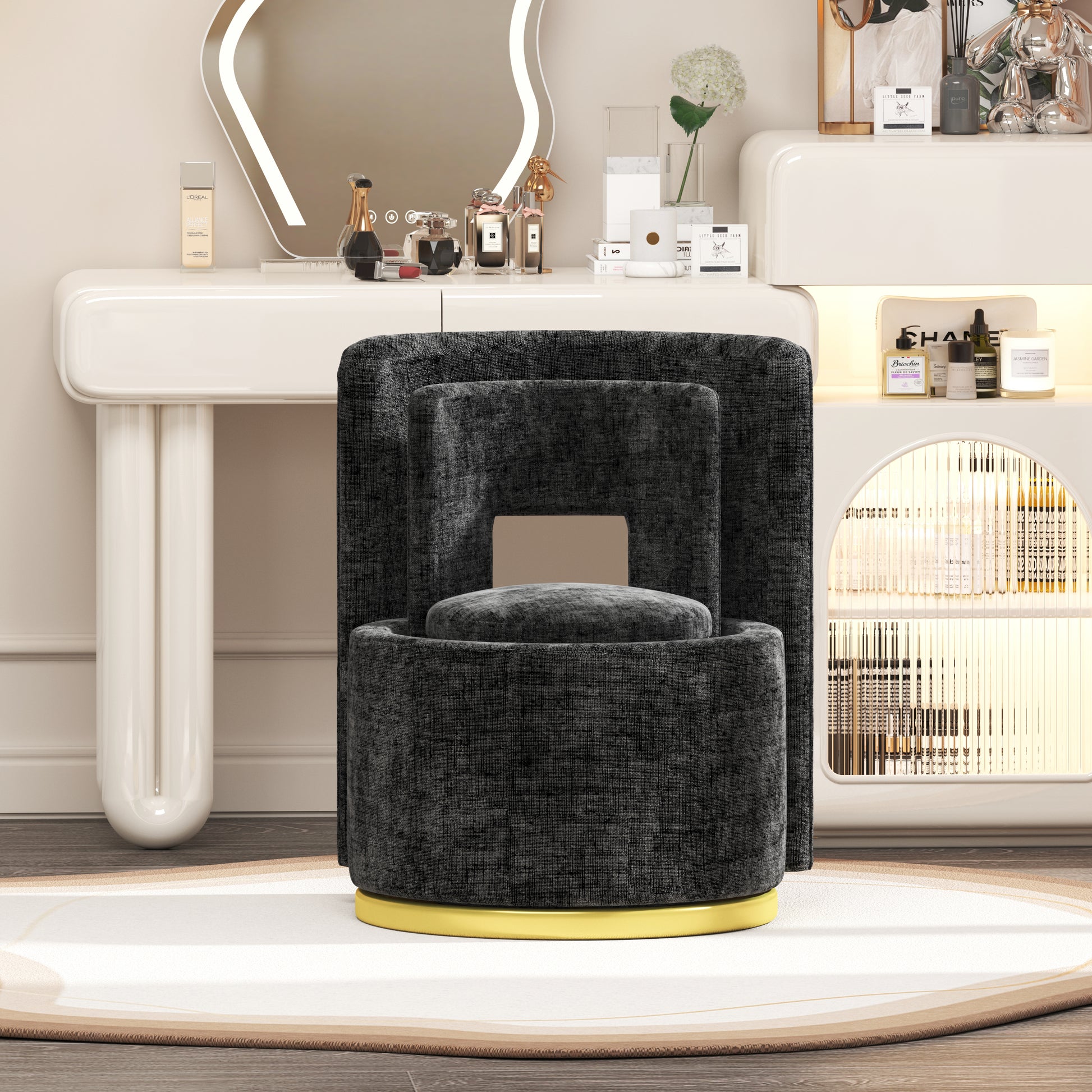 360 Round Swivel Chair With Storage Under Seat, Comfy Chair For Living Room Bedroom Reading Room Black Black Primary Living Space Modern Eucalyptus Foam Chenille