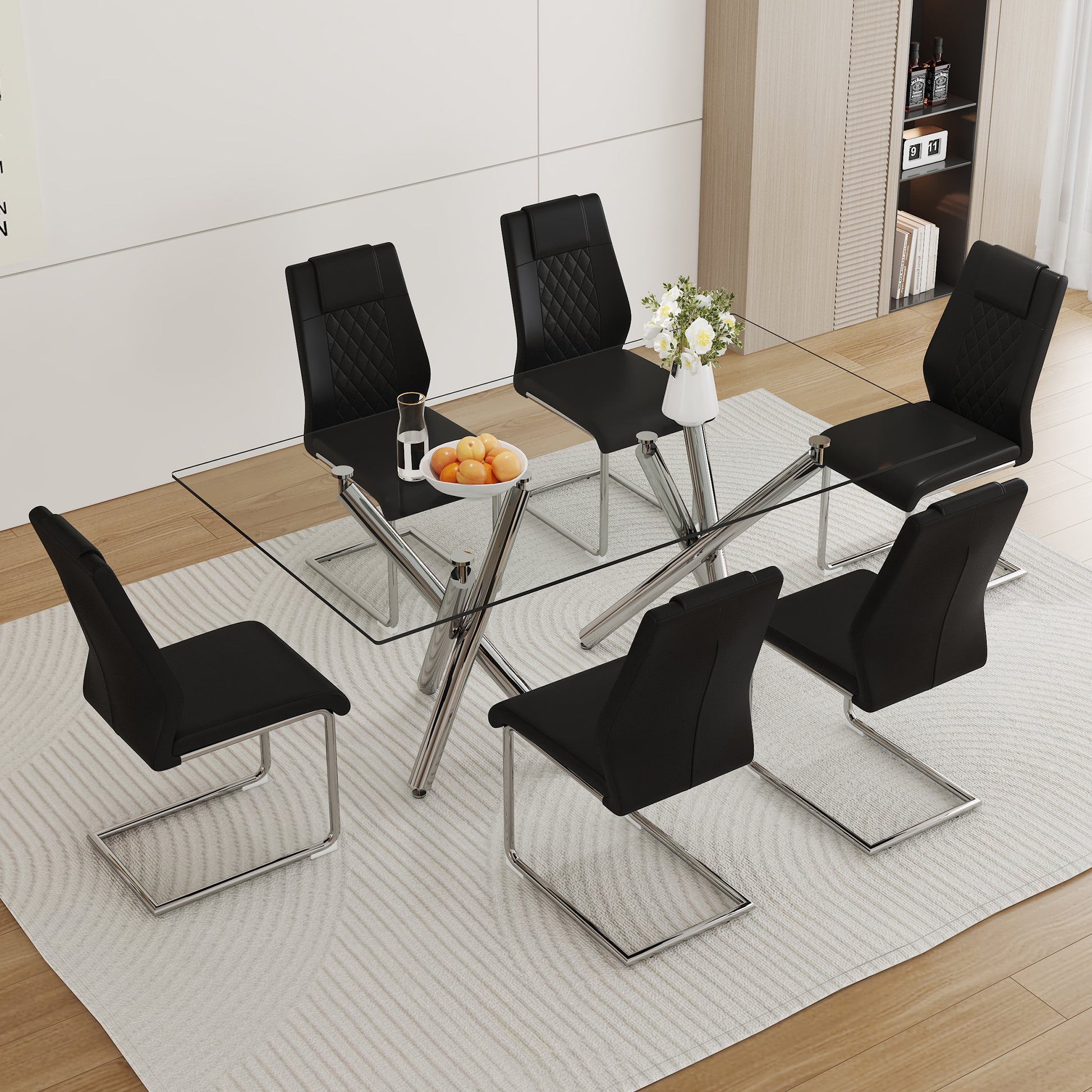 Table And Chair Set.Large Minimalist Rectangular Glass Dining Table For 6 8 With 0.39" Tempered Glass Tabletop And Silver Chrome Metal Legs.Paried With Comfortable Chairs With Pu Seats And Metal Legs. Silver Seats 6 Glass Metal