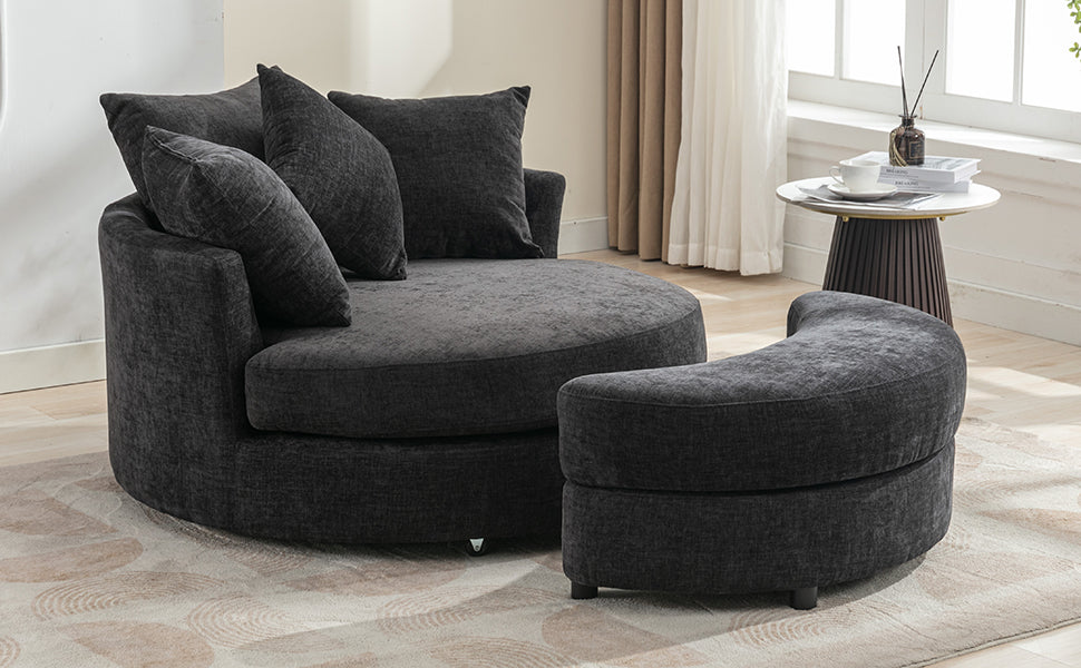Orisfur. 360 Swivel Accent Barrel Chair With Storage Ottoman & 4 Pillows, Modern Chenille Leisure Chair Round Accent For Living Room, Gray Gray Foam Chenille