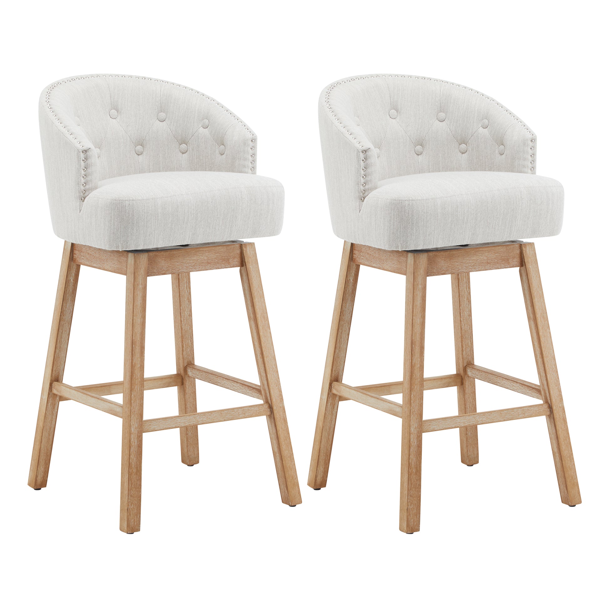 33.25" Swivel Counter Stools Set Of 2, Upholstered Counter Height Bar Stools With Solid Rubber Wood Frame, Backrest, Footrest, Armless Barstools For Home Bar, Kitchen Counter, Natural Beige