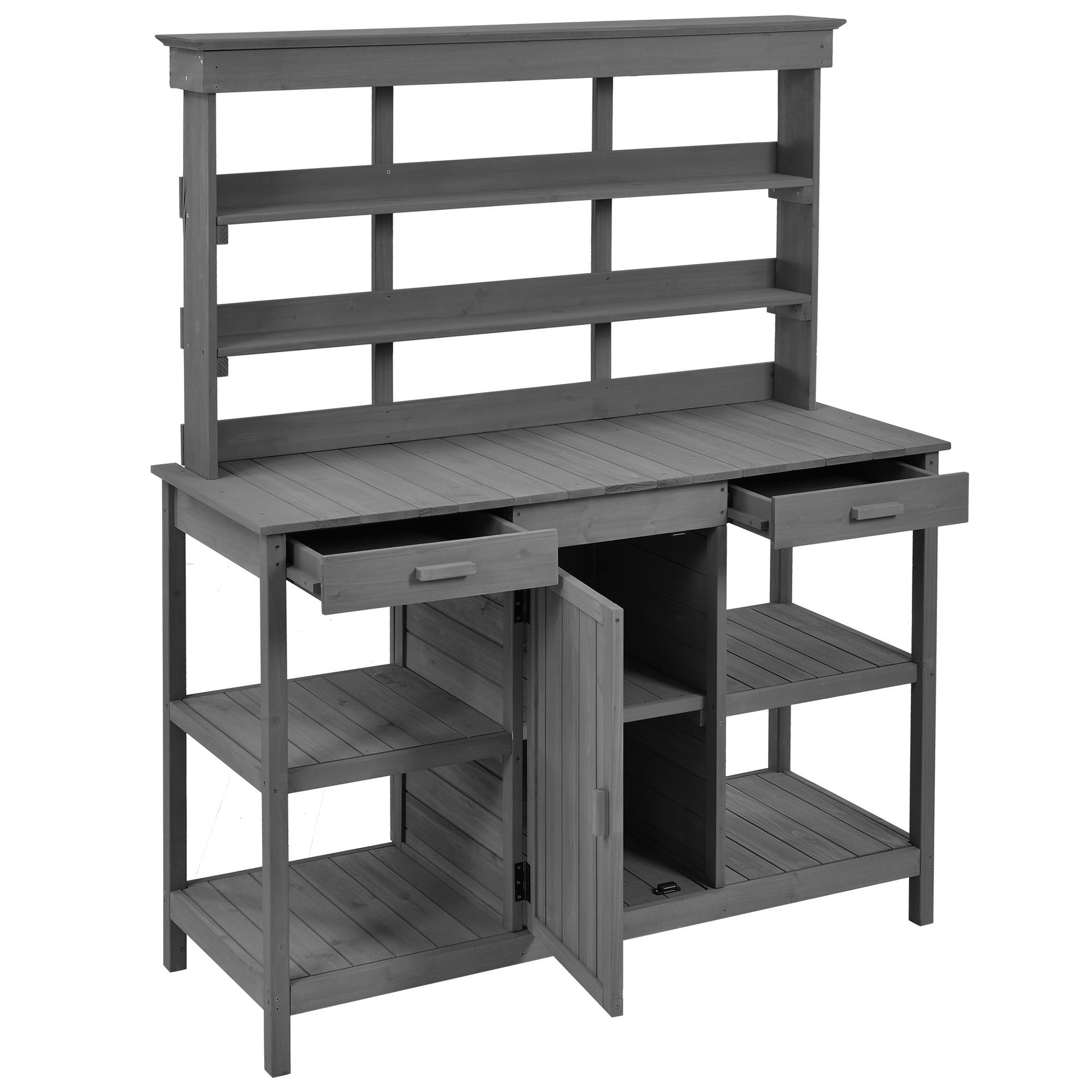 66'' Large Outdoor Farmhouse Wooden Potting Bench Table, Garden Workstation With 2 Drawers,Cabinet And Open Shelves For Backyard, Mudroom, Gray Gray Garden & Outdoor Casual Wood Solid Wood