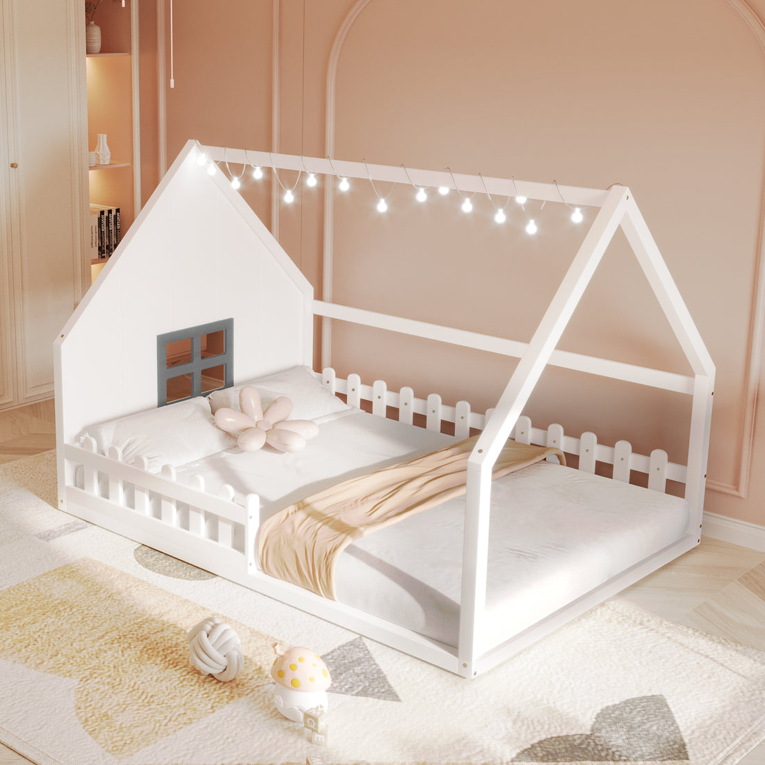 Full Size Wood House Bed With Window And Fence, White Old Sku: Wf304147Aak Box Spring Not Required Full White Wood Bedroom Pine Bed Frame Solid Wood Mdf
