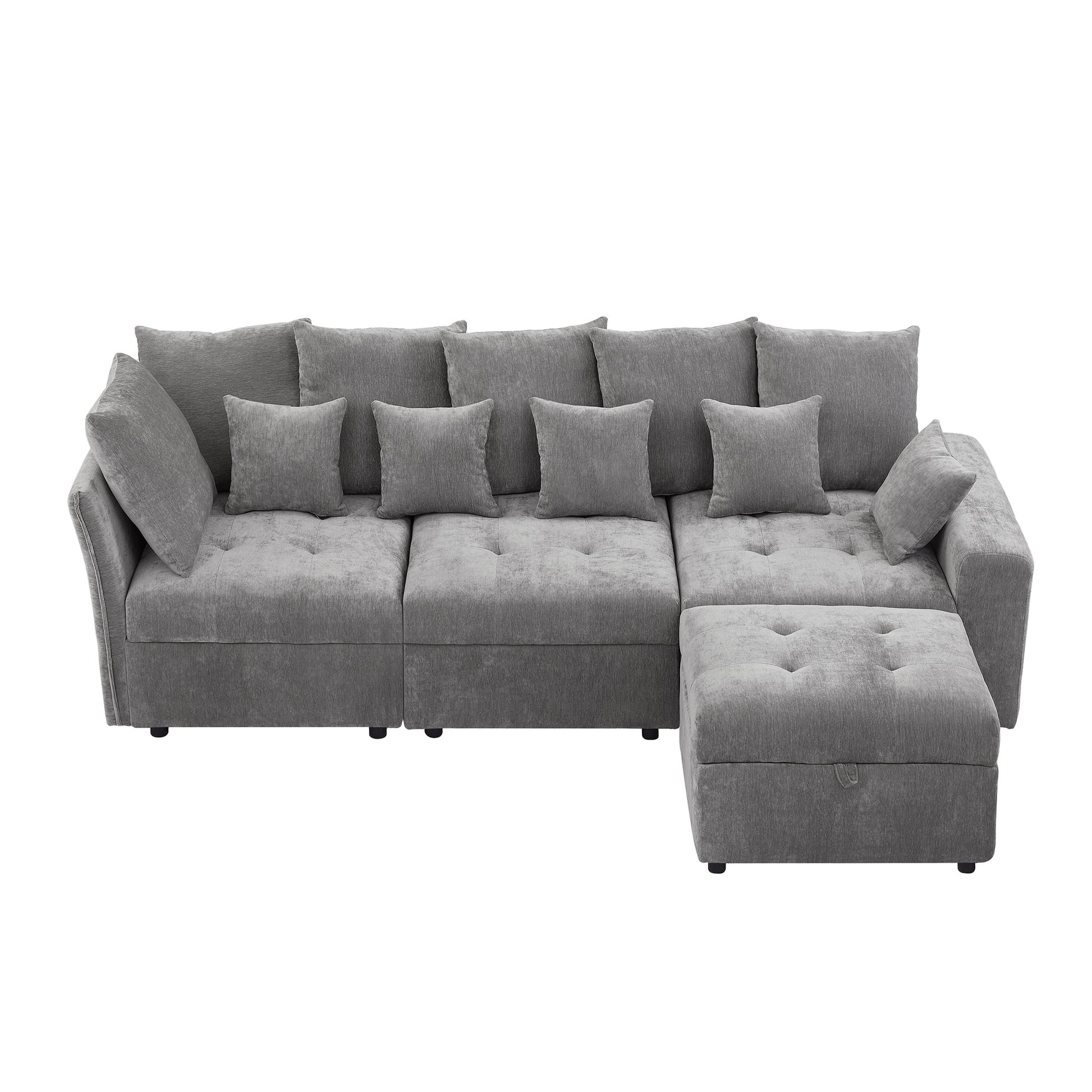 96.45"Sectional Sofa Modular Sofa Couch With Three Usb Ports, A Removable Storage Ottoman And Five Back Pillows For Living Room, Grey Grey Foam Chenille 4 Seat