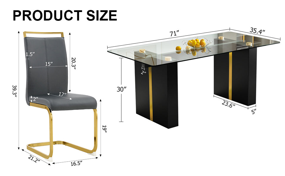 Table And Chair Set, Large Modern Minimalist Rectangular Glass Table, Can Accommodate 6 8 People, Equipped With Tempered Glass Tabletop And Large Mdf Table Legs, Comfortable And Minimalist Chairs. Transparent Glass