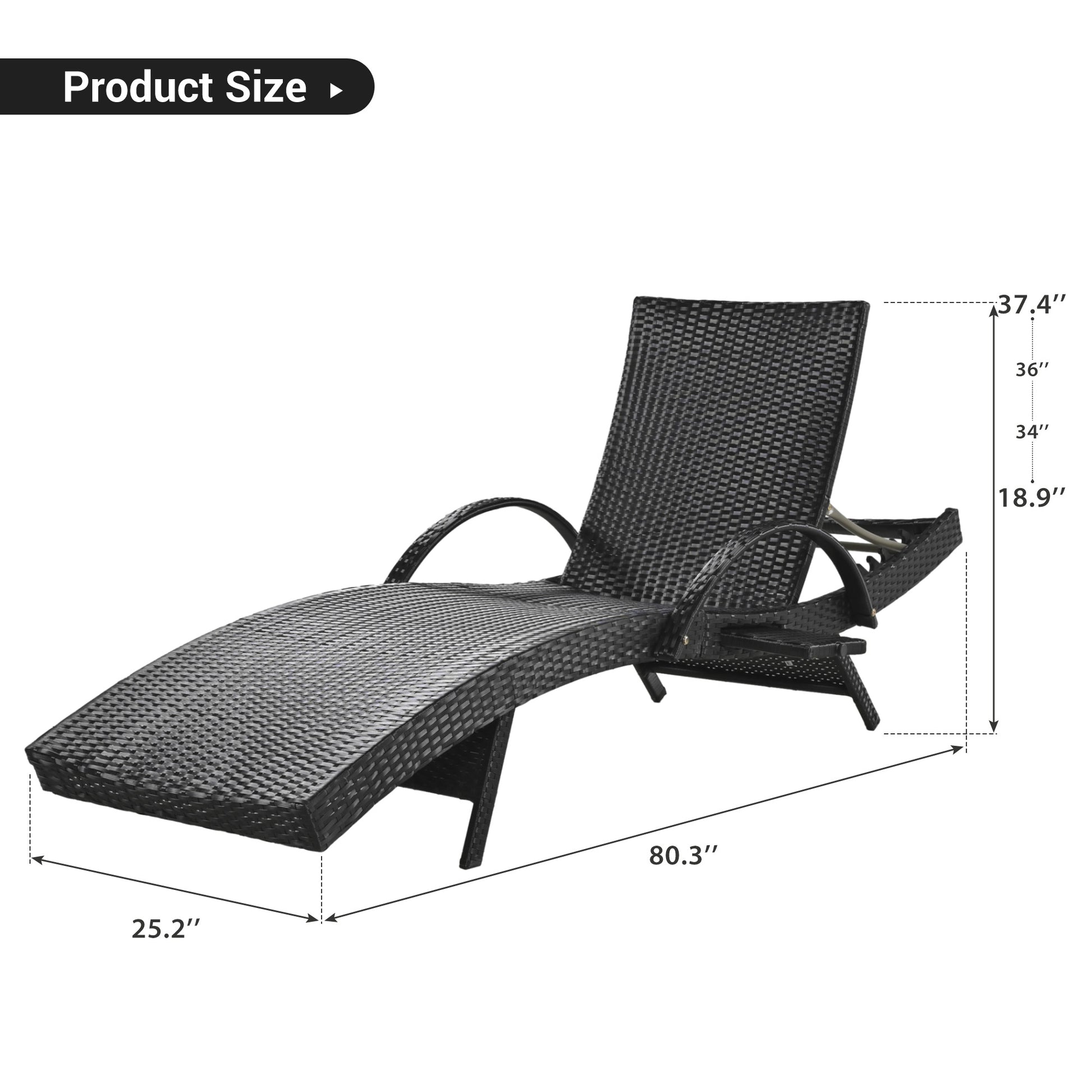 K&K 80'' Outdoor Wicker Chaise Lounge Chairs Set Of 2, Patio Rattan Reclining Chair Pull Out Side Table Adjustable Backrest Ergonomic Wave Design Pool Sunbathing Recliners, Black No Lounge Black