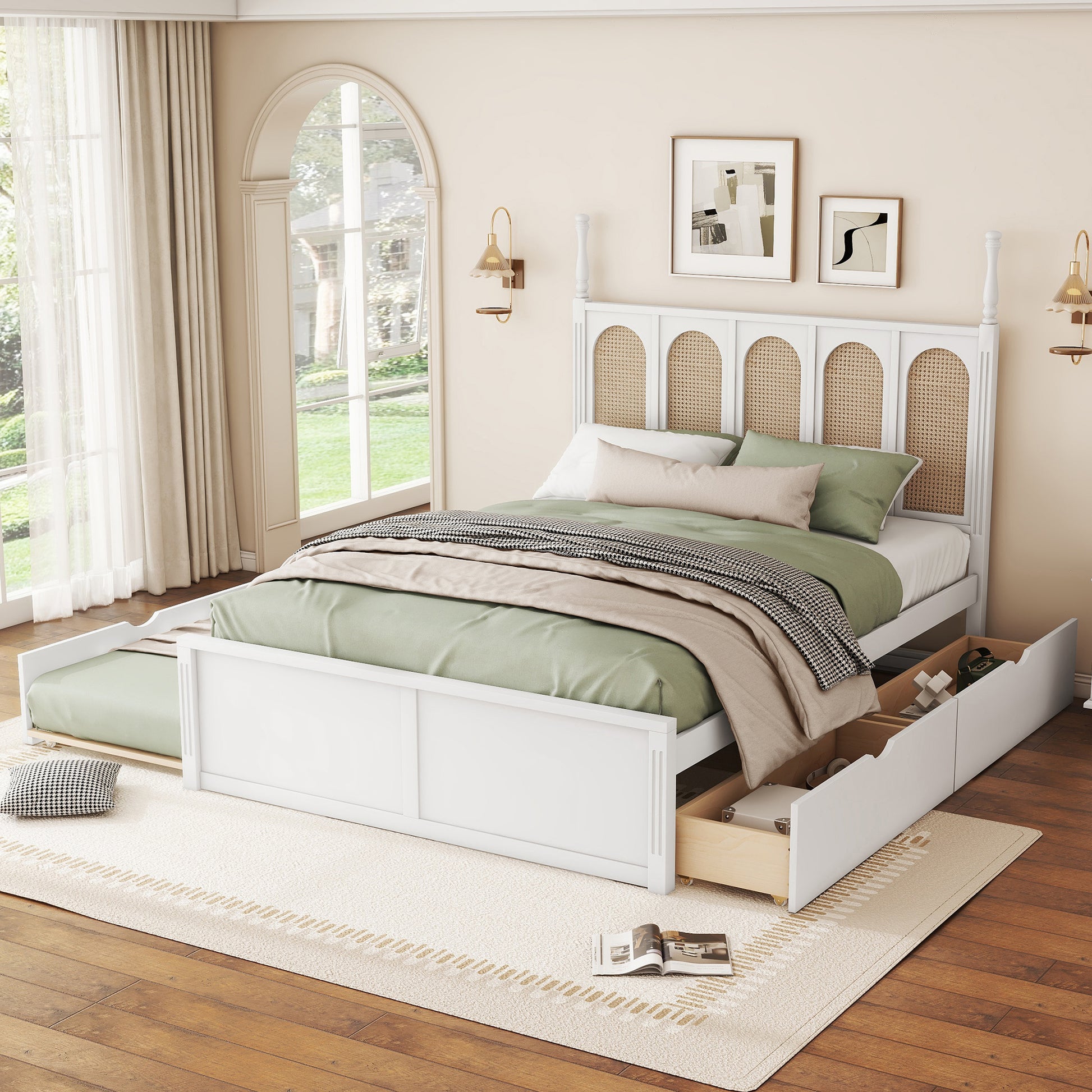 Queen Size Rattan Platform Bed With With 2 Big Drawers, T Size Trundle, White Queen White Plywood