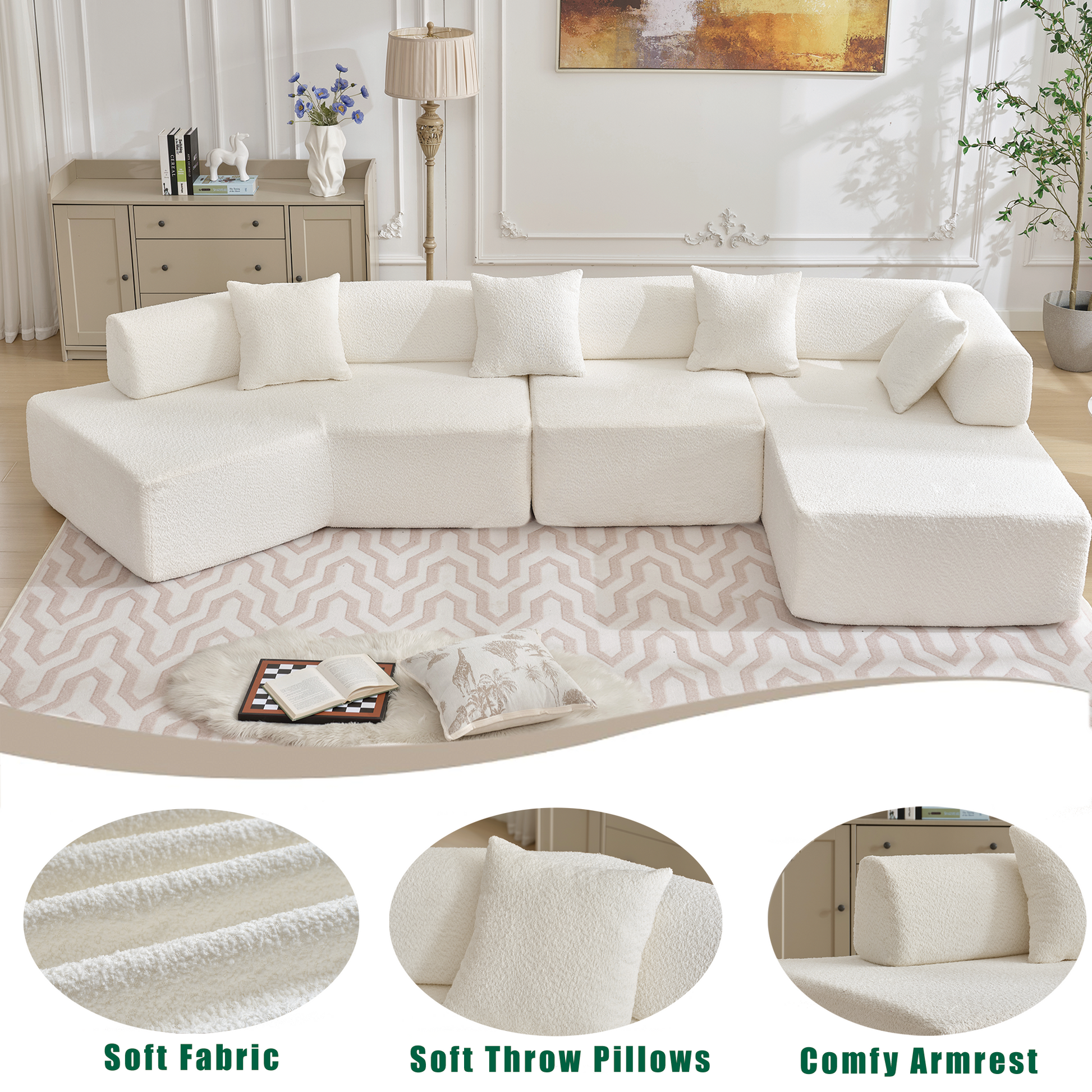 Arrived Modern Minimalist 140" L Shape Couch ,No Assembly Required,Boucle,Modular Sofa ,Couch With Chaise,Free Combination Foam Filled Sofa, 4 Seats,White White Polyester Primary Living Space Soft Modern Foam Polyester 4 Seat