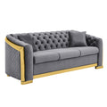 Velvet Luxury Chesterfield Sofa Set, 84 Inches Tufted 3 Seat Couch With Gold Stainless For Living Room, Grey Fabric Grey Velvet Wood Primary Living Space Medium Soft Tufted Back European Rolled Arms Foam Wood Stainless Steel 3 Seat