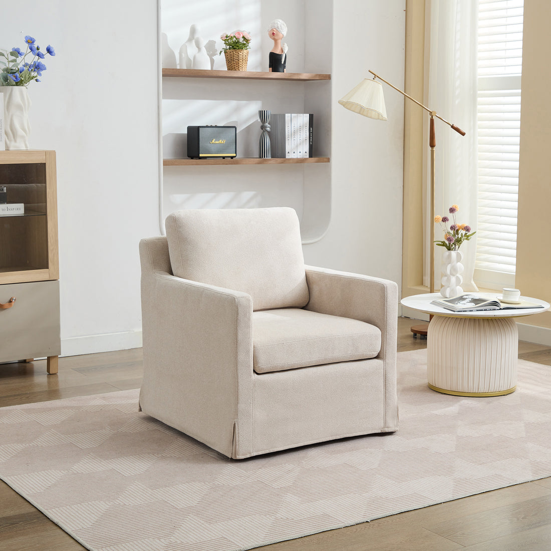 29.92'' Swivel Accent Chair, Upholstered Skirted Swivel Chair With Removable Back Cushion, 360 Degree Comfy Armchair For Living Room, Nursery, Lounge,Office,Beige Chenille Beige Chenille