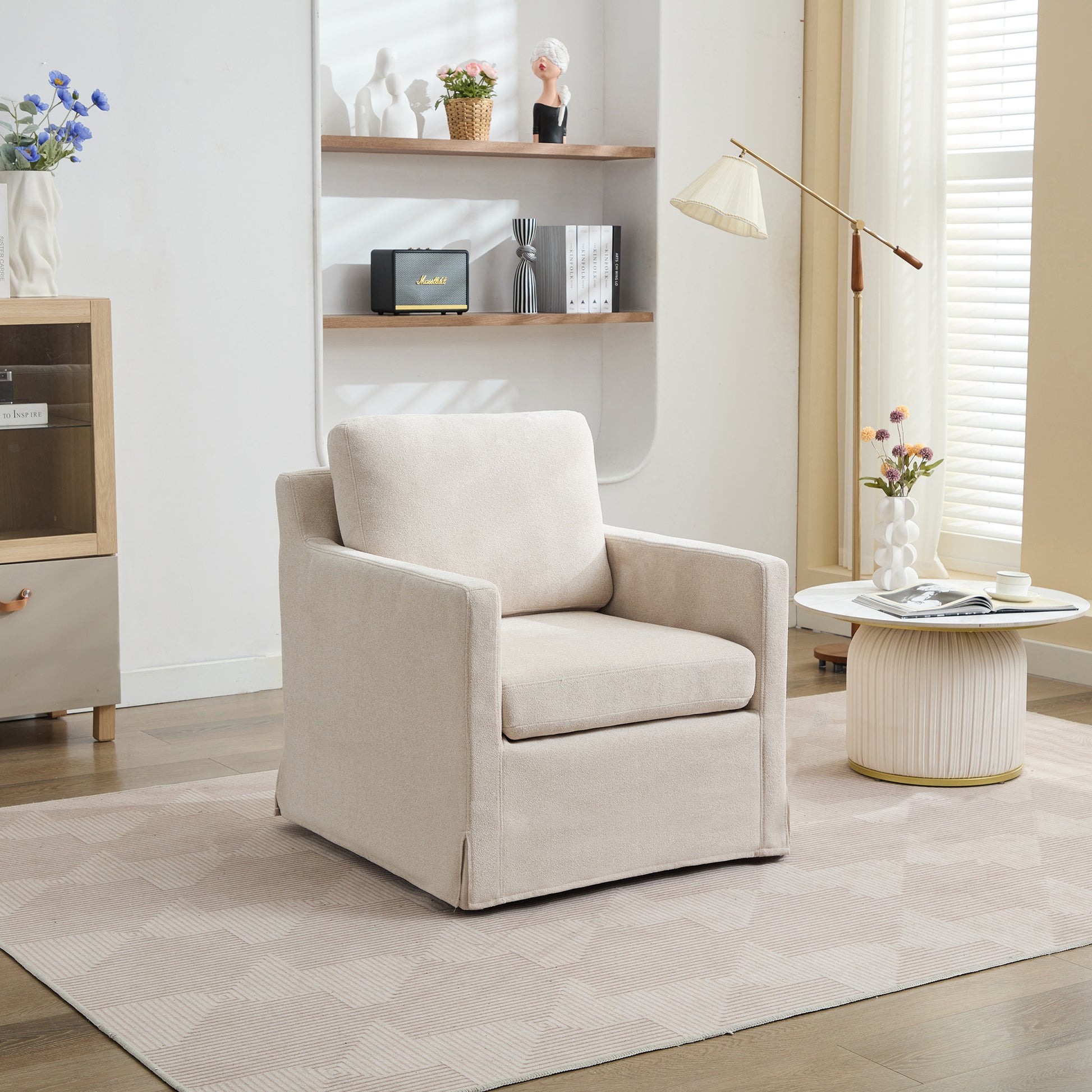 29.92'' Swivel Accent Chair, Upholstered Skirted Swivel Chair With Removable Back Cushion, 360 Degree Comfy Armchair For Living Room, Nursery, Lounge,Office,Beige Chenille Beige Chenille