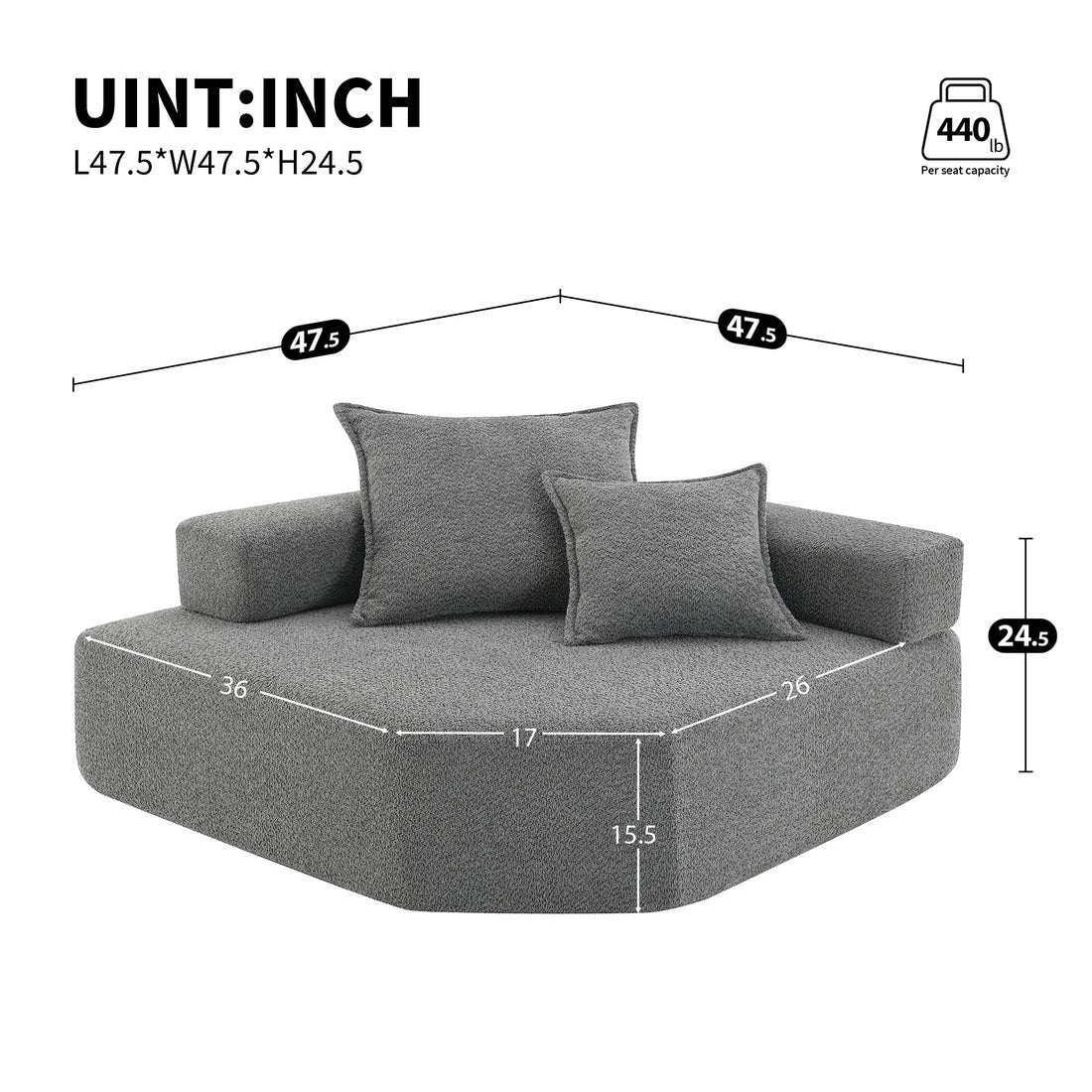 Corner Frame For Oversized Modular U Shaped Sectional Sofa,Luxury Boucle Floor Couch Set,Convertible Sleeper Couch,Spacious Foam Filled Sofa Bed For Living Room Gray Boucle 1 Seat