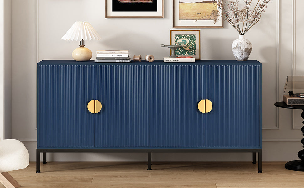 Exquisite Vertical Striped Four Door Sideboard With Sturdy Metal Legs And Semi Circular Handles, Suitable For Study, Entryway And Living Room Navy Blue Primary Living Space American Design Mdf