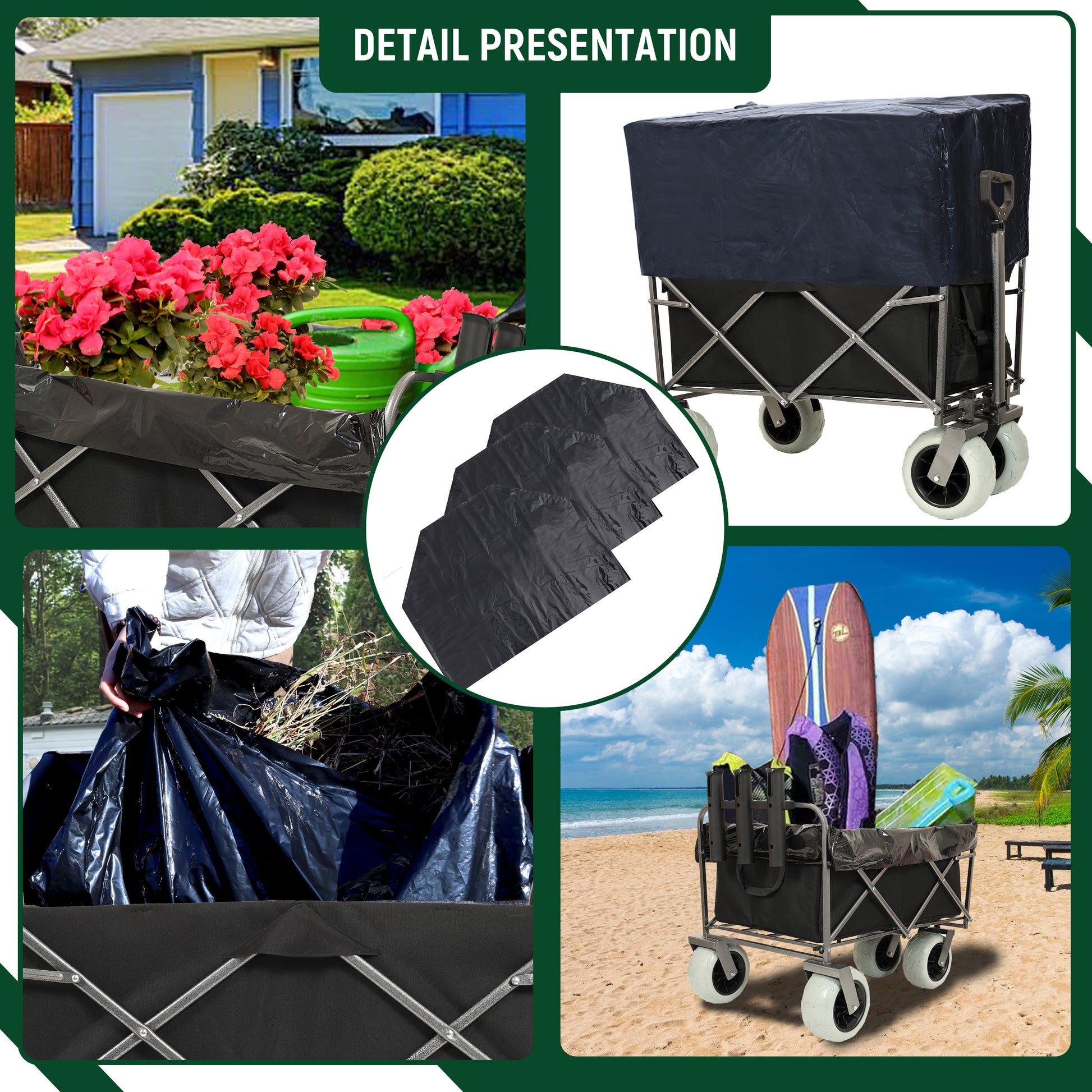 Fishing Cart With Rod Holders ,Beach Wagon With Big Wheels For Sand 500Lbs Capacity All Terrain Steel Frame Utility Cart With 9" Pneumatic Tires,Strap With Multiuse Bag ,Black Black Steel