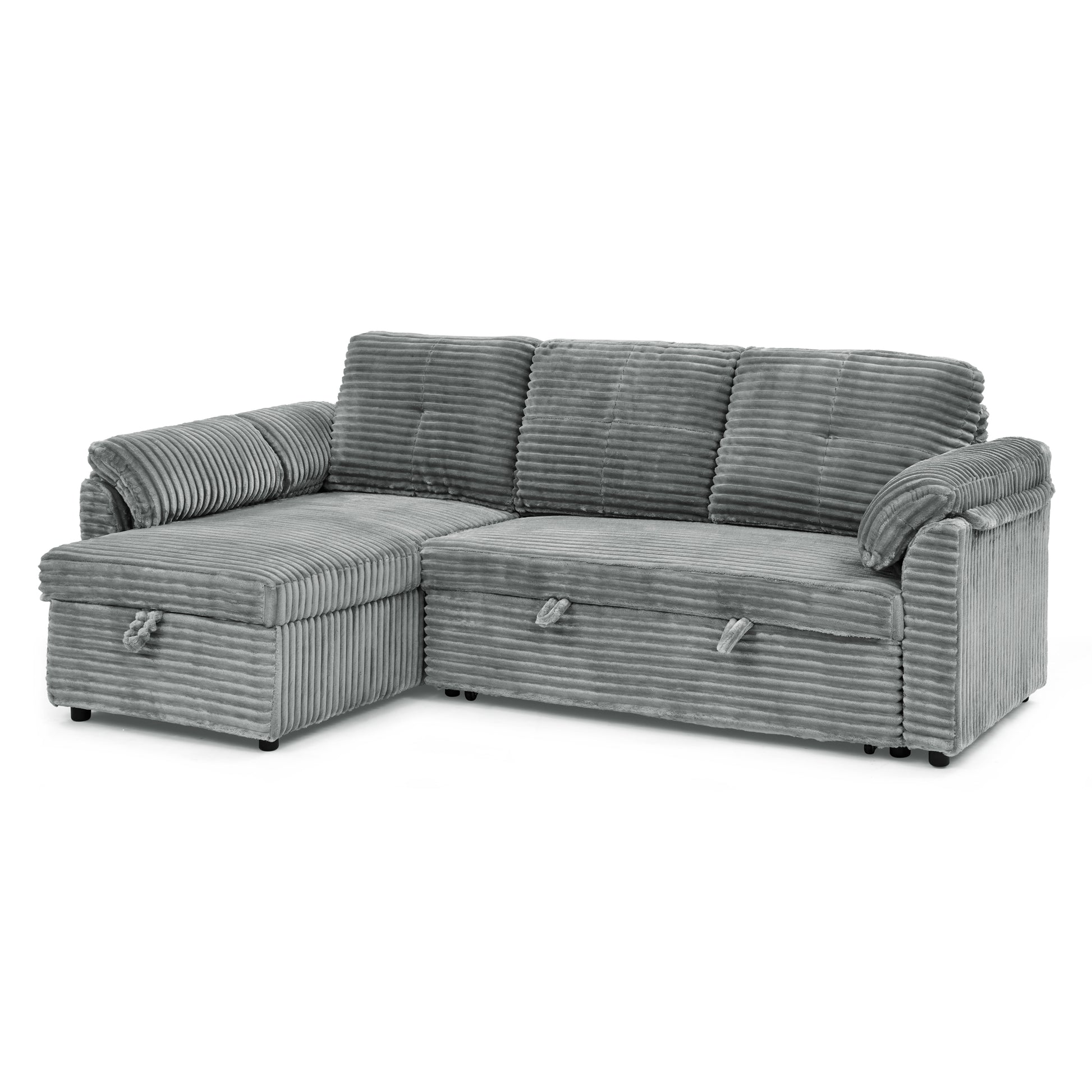 Corduroy Tufted Upholstered Sleeper Sectional Sofa, L Shaped Modular Convertible Sofa With Storage Chaise, Pull Out Sleep Couch Bed And Reclining Backrest Perfect For Living Space,Grey Full Grey Corduroy