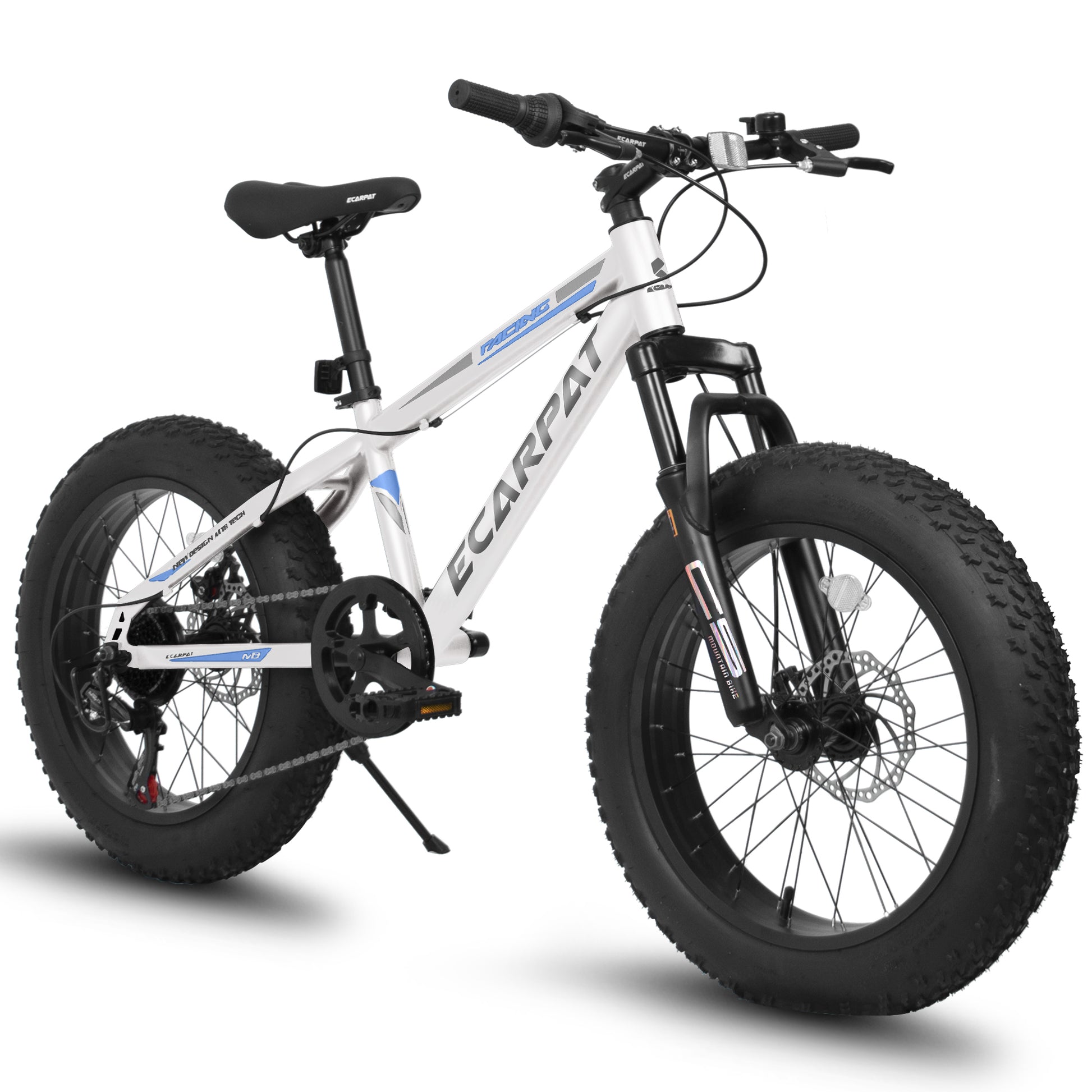 A20316 20 Inch Fat Tire Bike Adult Teen Full Shimano 7 Speed Mountain Bike, Dual Disc Brakes, High Carbon Steel Frame, Front Suspension, Mountain Dirt Bike, City Commuter City Bike, Fat Tire Bike White Steel