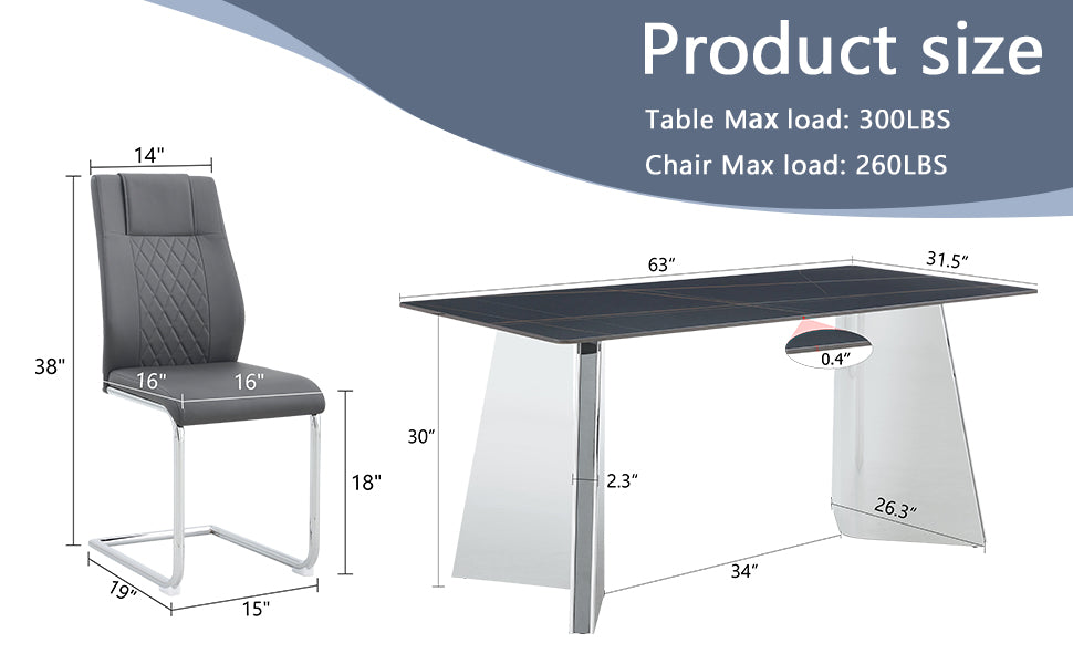 Table And Chair Set.63"X31.5X30" Black Marble Patterned Slabs Tabletop With Stainless Steel Butterfly Legs.Paried With 4 Dark Gray High Quality Pu Chairs With Silver Metal Legs. Dark Gray,Silver