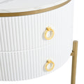 19.6'' Easy Assembly Round End Table With Storage Drawers, Fluted Nightstand With High Gloss Faux Marble Tabletop, Modern Coffee Table With Metal Legs And Handles For Living Room, White White Gold Primary Living Space Drawers Round Mdf Iron