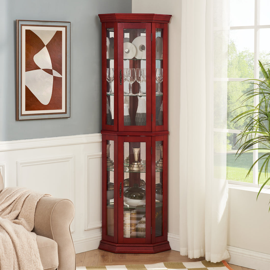 Corner Curio Cabinet Lighted Corner Display, Glass Display Shelf Shelving Bar Cabinet With Tempered Glass Door, Bar Cabinet,Cabinet With Adjustable Shelf Glass Cabinet Shelves Bead Bulb Included Cherry Mdf Glass