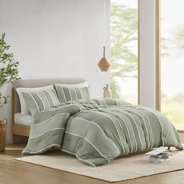 3 Piece Striped Cotton Comforter Set Sage Full Queen Sage Cotton