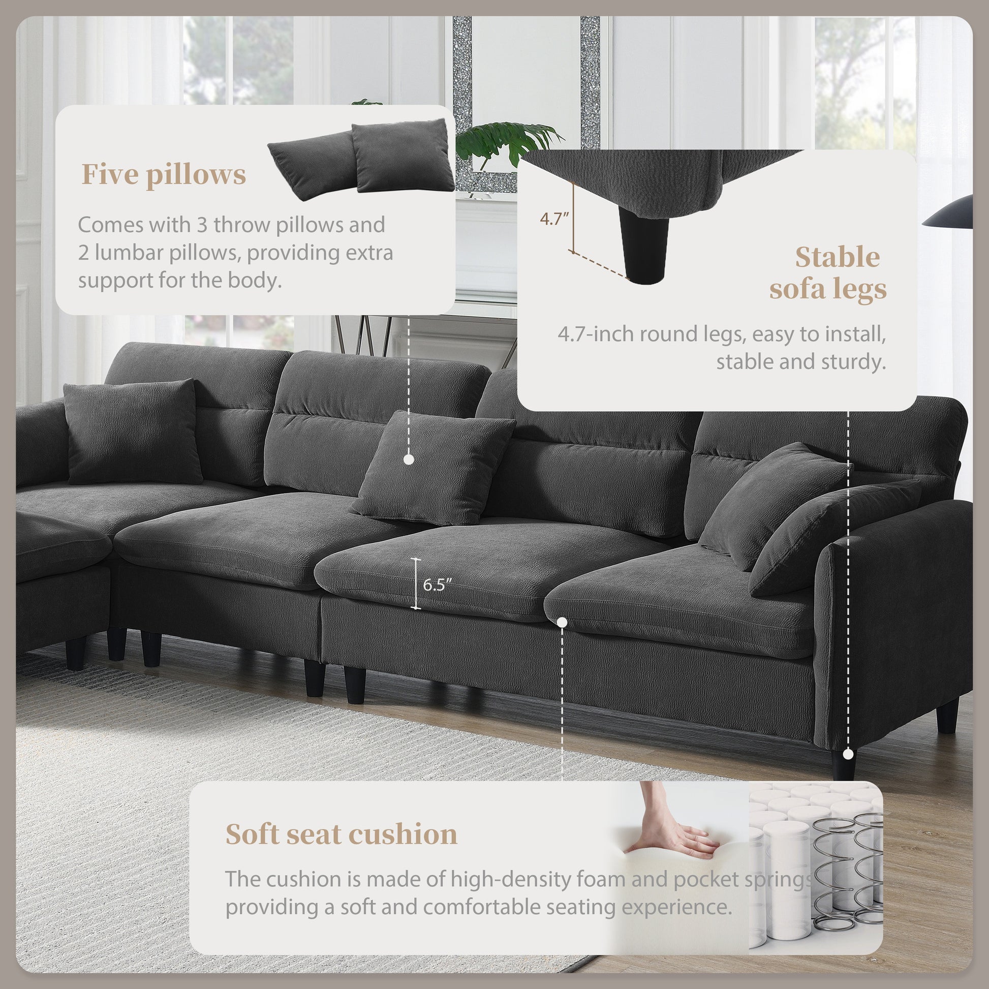 110*62" Modern Convertible Sectional Sofa,L Shaped Reversible Couch Set With Free Pillows,5 Seat Cloud Chenille Indoor Furniture With Ottoman For Living Room,Apartment,3 Colors Gray Chenille 5 Seat