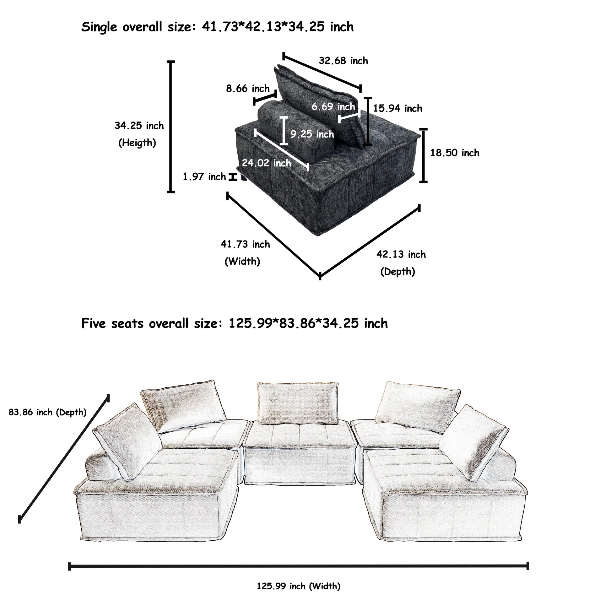 Luxury Chenille L Shaped Modular Sofa With Hidden Legs, Adjustable Cushions, And Spring Seats Perfect For Modern Living Room Black Color 5Pieces Black Chenille 5 Seat