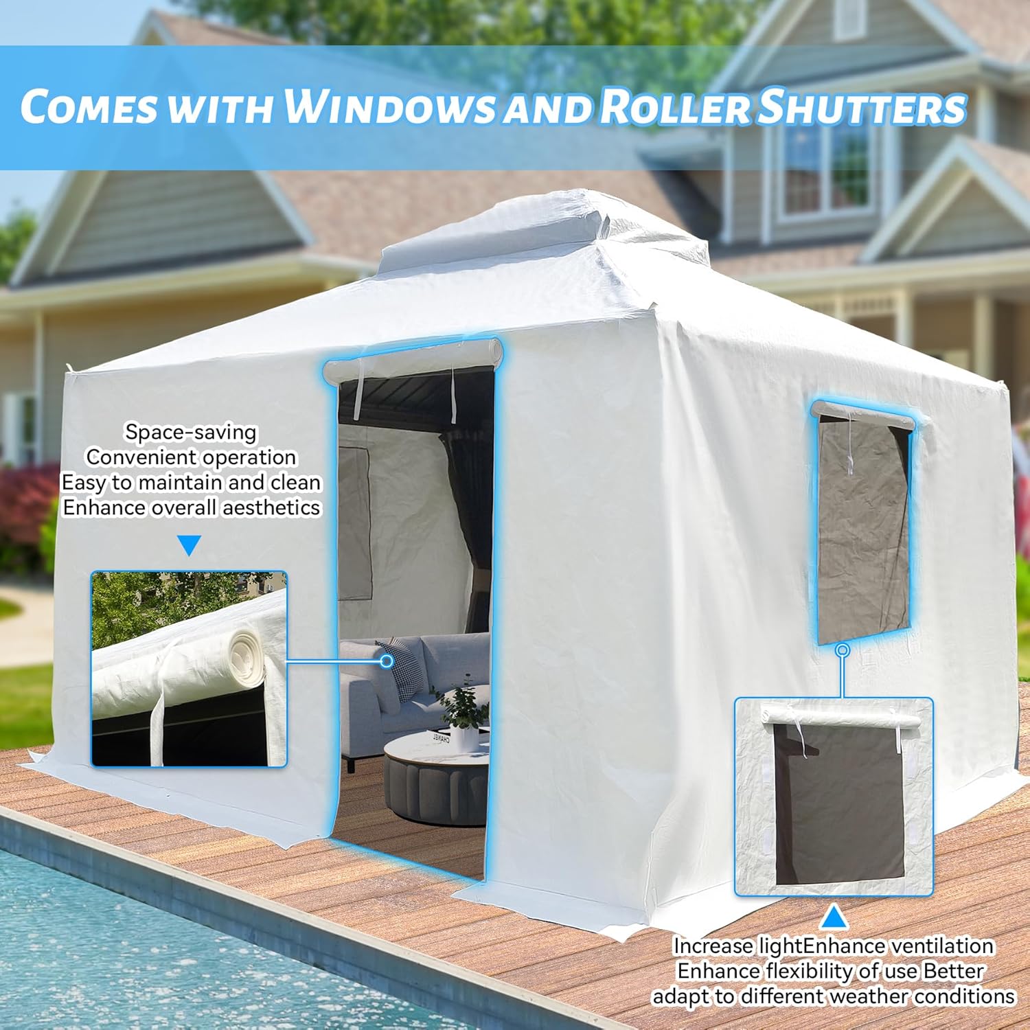 12'X12' Gazebo Cover For Hardtop Gazebos, Outdoor Universal Winter Gazebo Cover With Sidewalls And Mesh Windows, All Season Waterproof Enclosed Gazebo Cover, White White Polypropylene