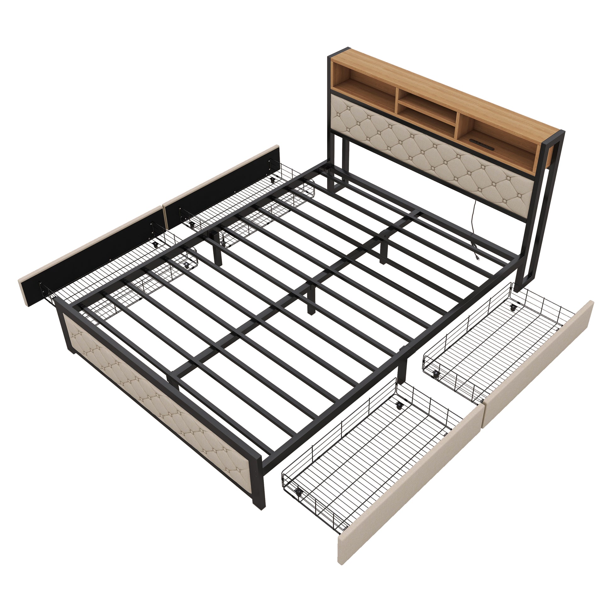 Metal Queen Size Platform Bed With 4 Drawers, Upholstered Headboard And Footboard, Sockets And Usb Ports, Beige Queen Beige Black Fabric Metal