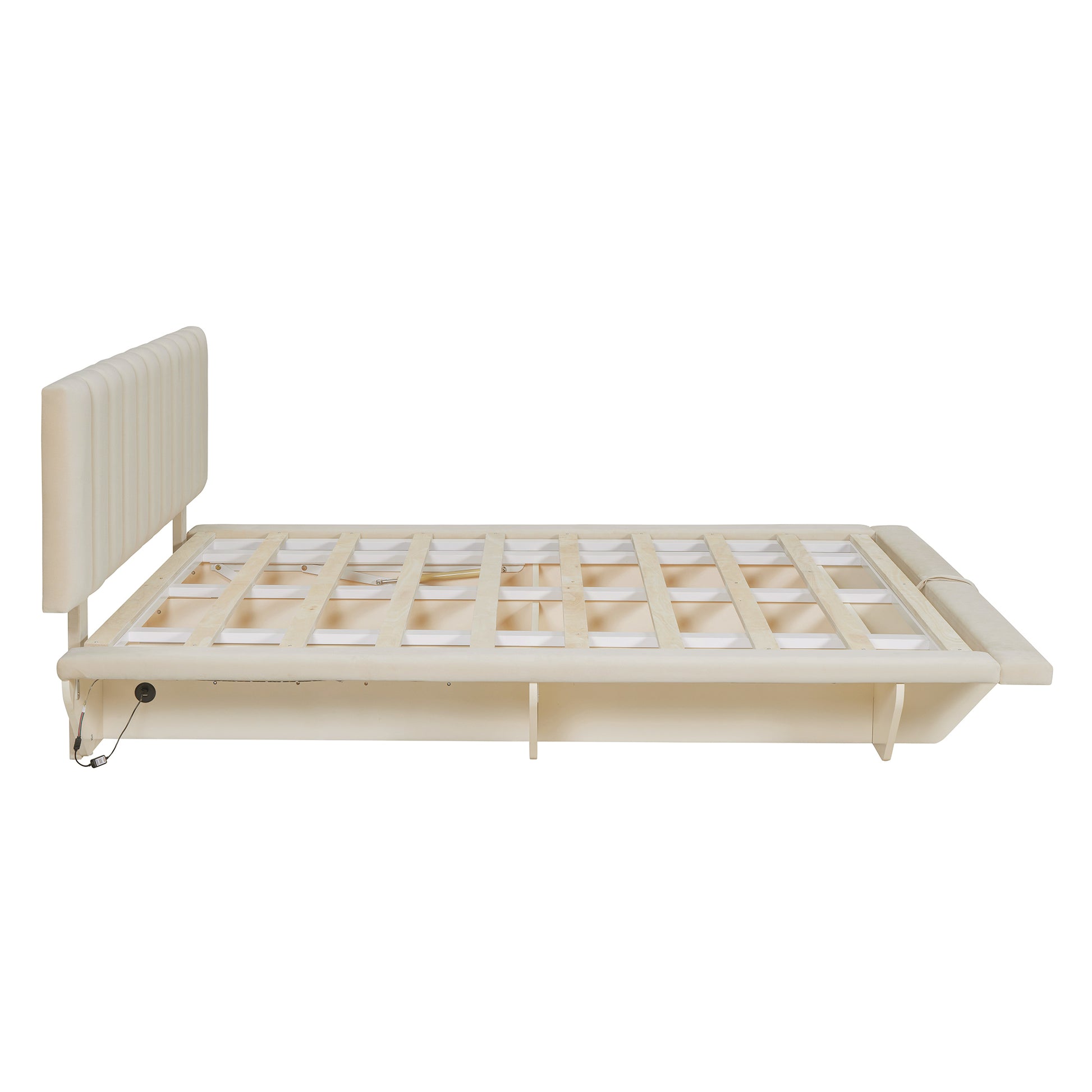 Queen Size Upholstered Floating Bed With Led Light And Usb Port, Velvet, Beige, Hydrualic Platform Bed Queen Beige Velvet