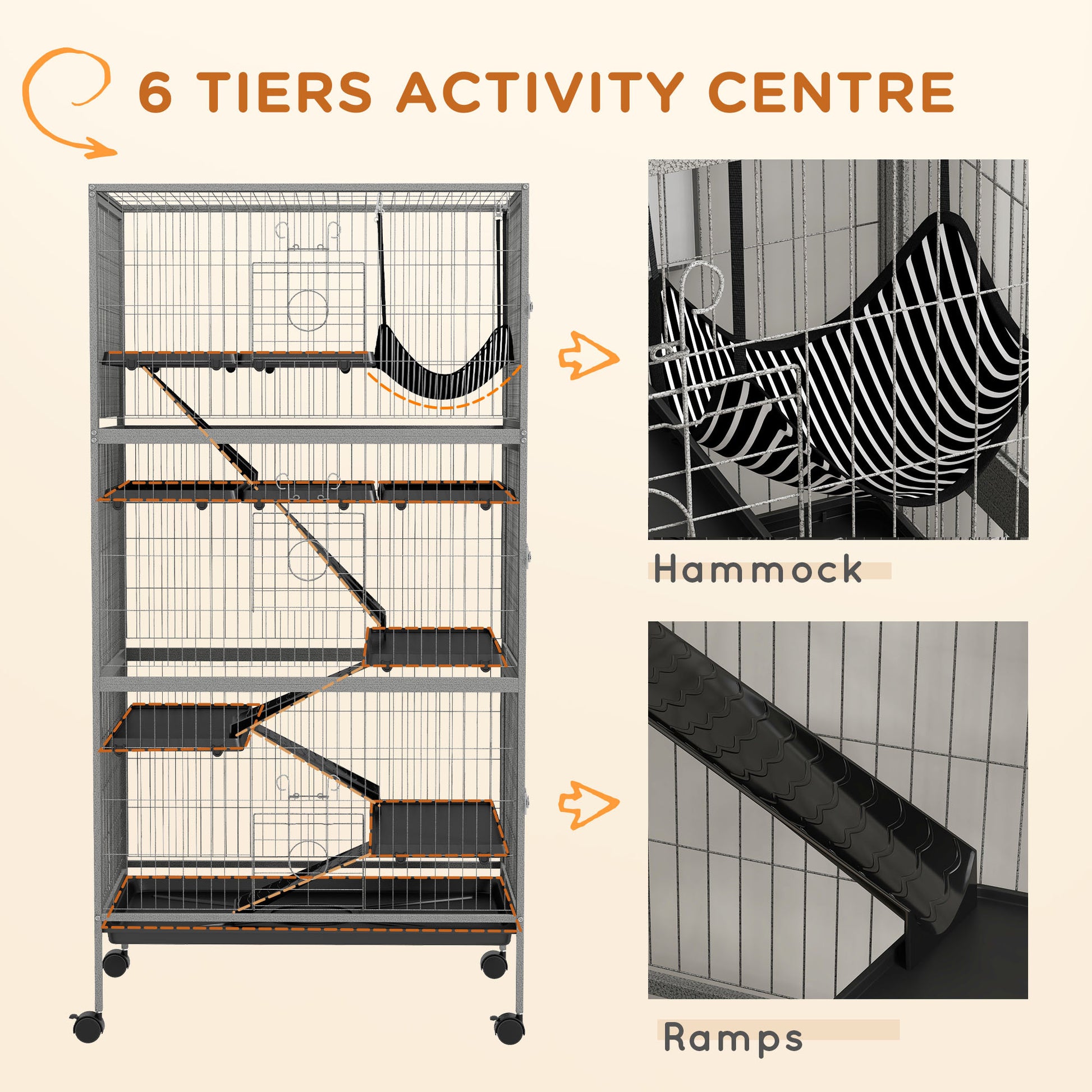 Pawhut 63" 6 Tier Small Animal Cage, Ferret Cage, Large Chinchilla Cage With Hammock Accessory & Heavy Duty Steel Wire, Small Animal Habitat With 6 Doors, Removable Tray, Gray Gray Iron Plastic