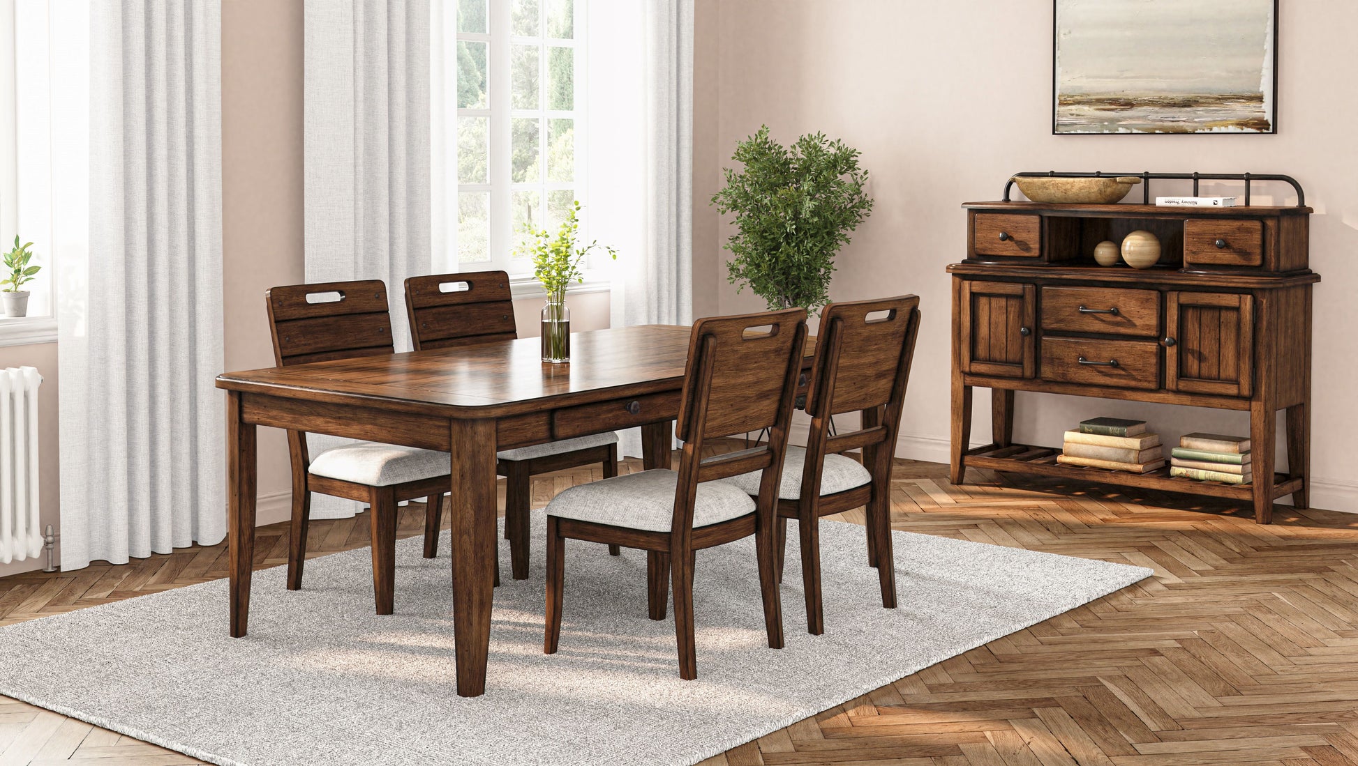 Casual Dining Table With Four Storage Drawers In Brown Finish Brown Solid Wood Mdf