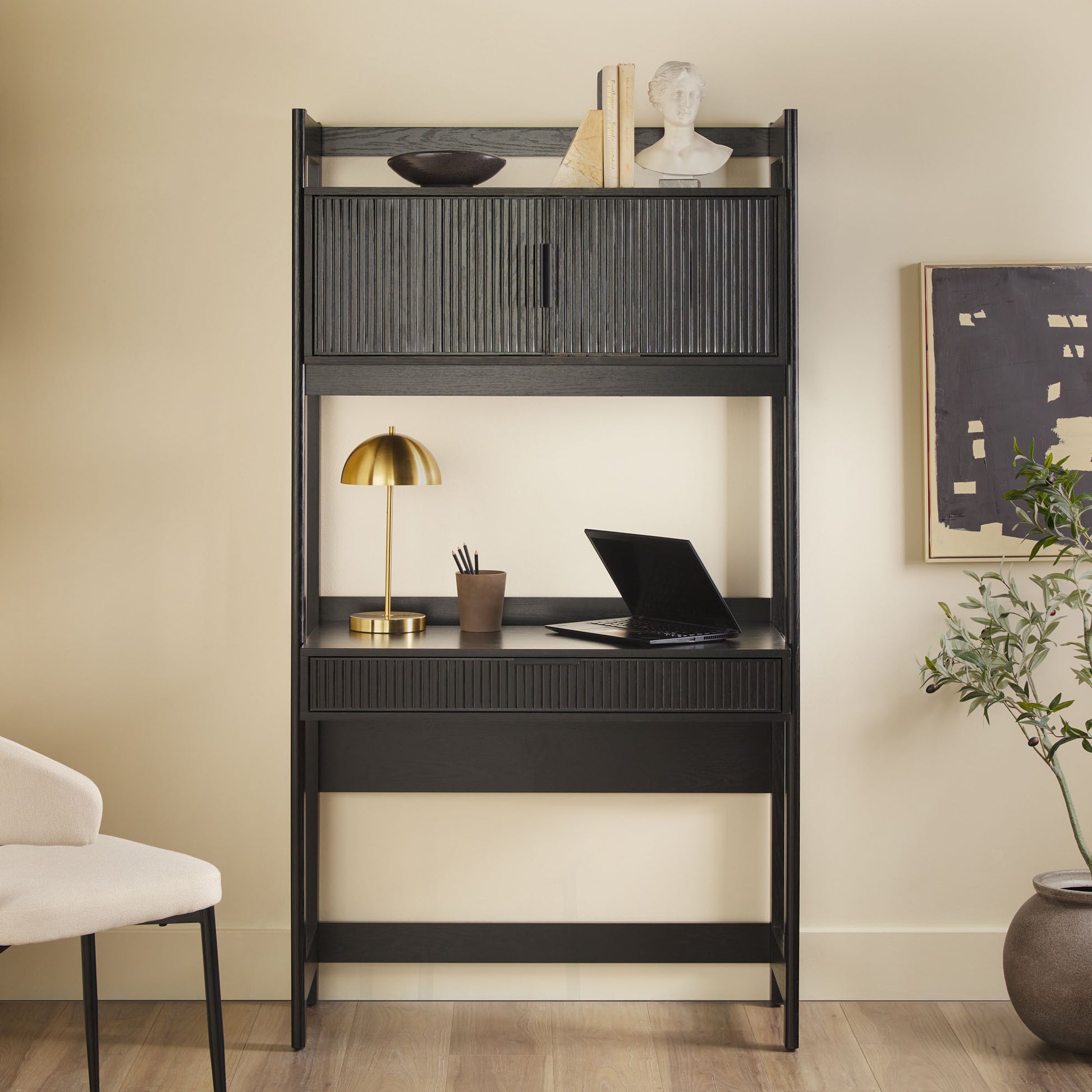 Transitional Reeded Desk With Hutch And Drawers Plus Tech Management Black Black Mdf Mdf