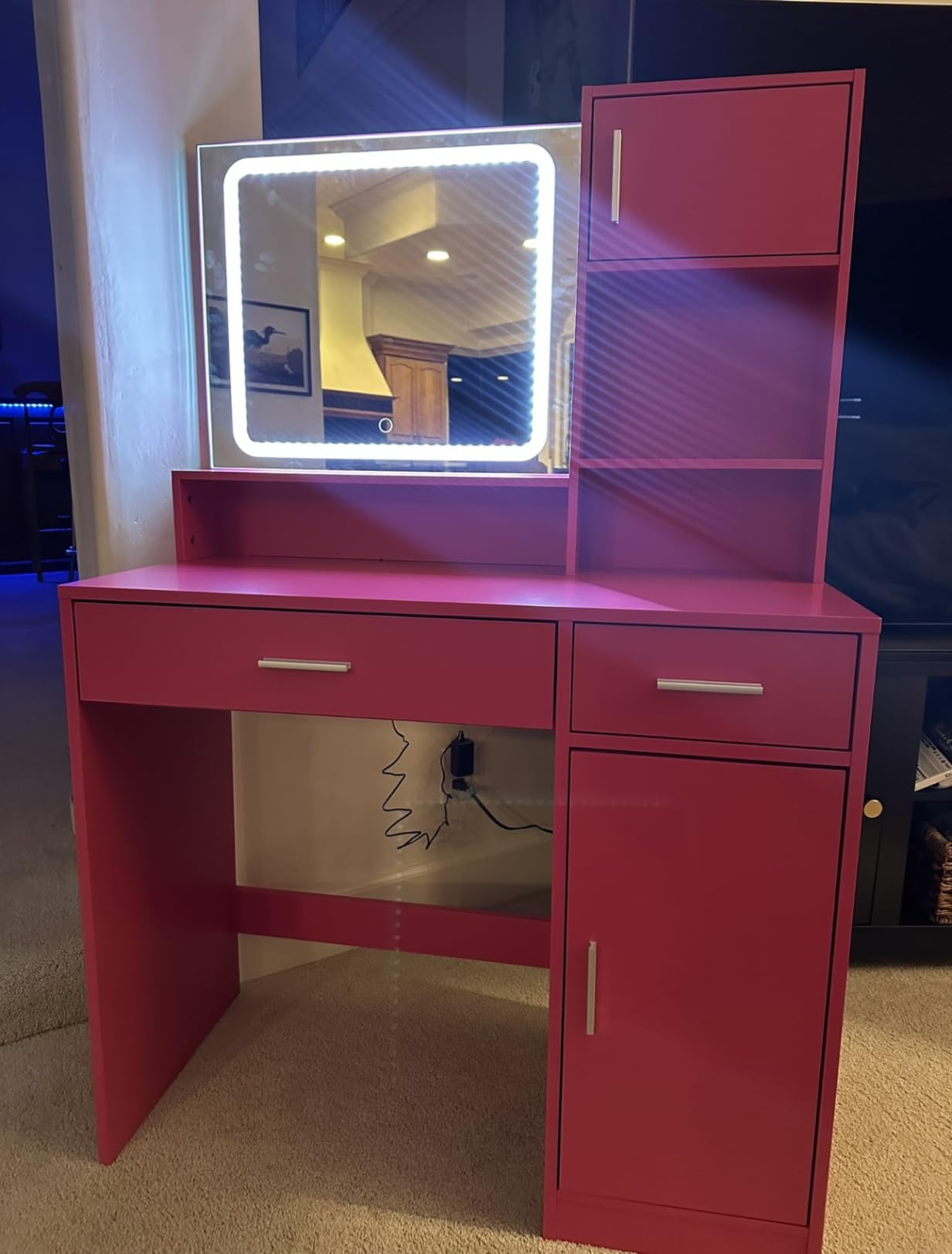 Vanity Desk With Mirror And Led Light Strip,Dressing Table With Large Drawer, 3 Level Storage Dresser & 3 Lighting Modes Adjustable Brightness, Suitable For Bedroom Rose Pink Rose Pink Particle Board