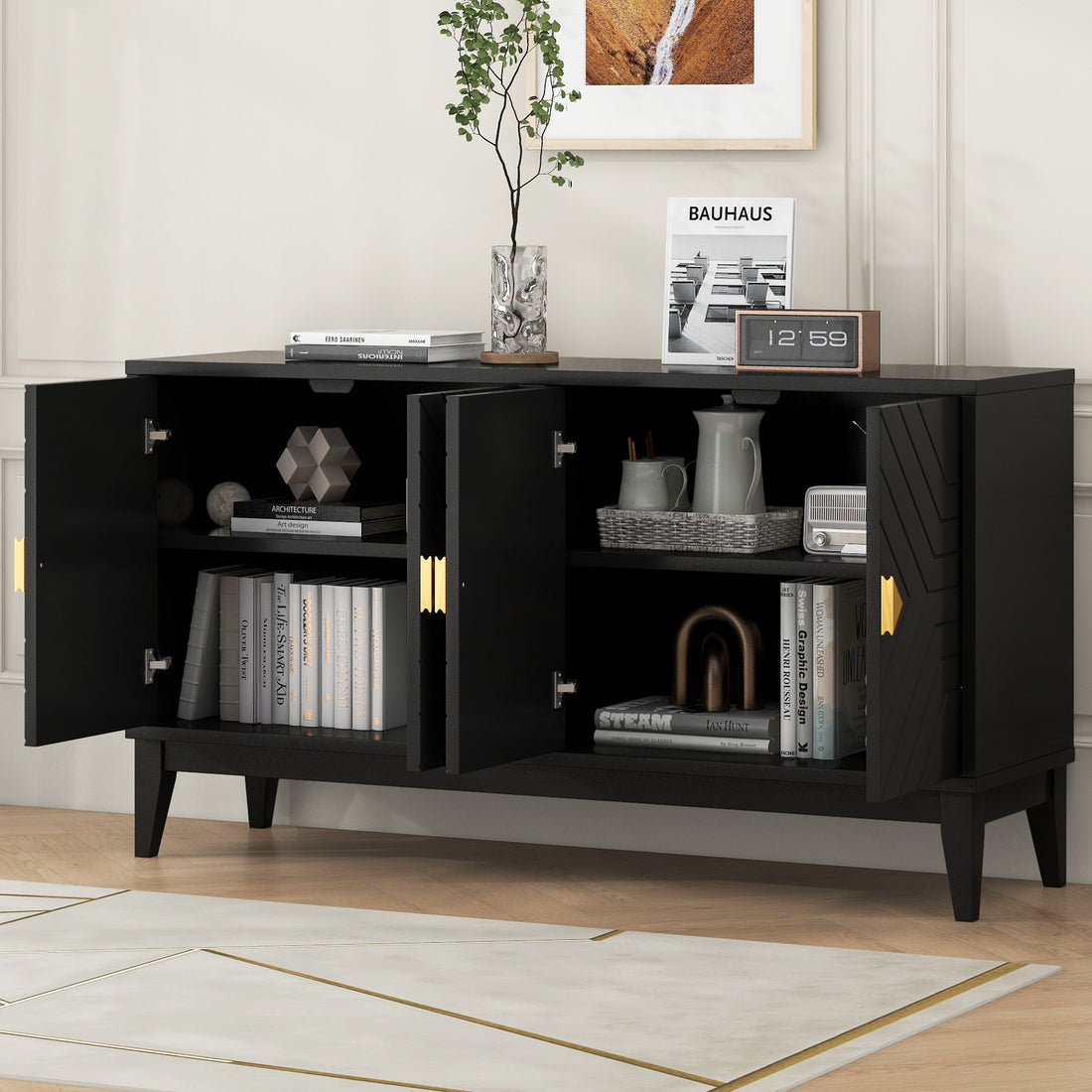 4 Door Sideboard Storage Cabinet For Living Room And Dining Room, Two Large Cabinets With Gold Handles And Adjustable Shelf, Black Black Rubberwood Solid Wood Mdf