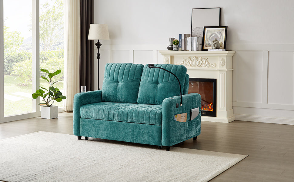 53.9" Modern Loveseat Pull Out Sofa Bed With Adjustable Backrest, Two Cup Holdersa Phone Holder, Three Charging Ports And Side Storage Pockets For Living Room, Teal Teal Foam Chenille