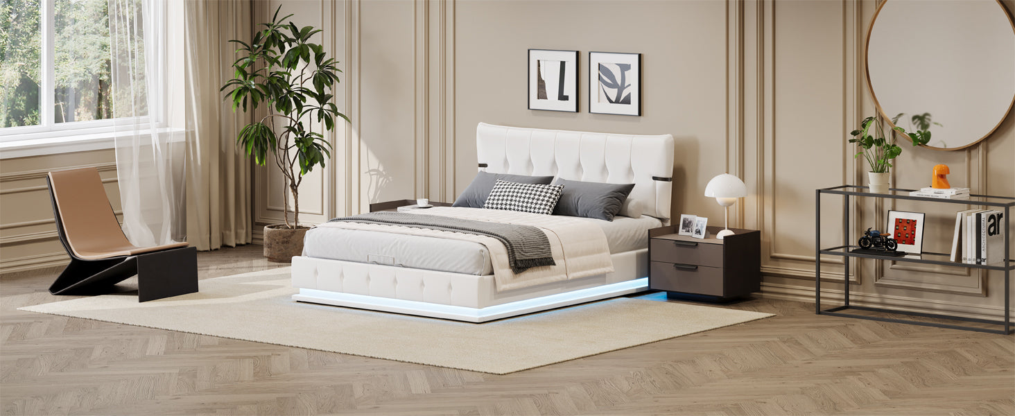 Upholstered Platform Full Size Hydraulic Storage Bed, Lift Up Storage Bed With Rgb Led Light, Pu Leather Headboard And Footboard, No Box Spring Needed, White Full White Wood Metal