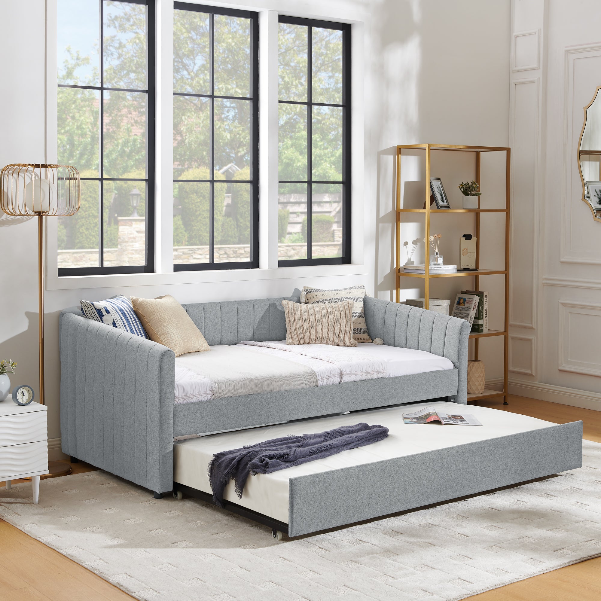 Twin Size Daybed With Trundle Upholstered Sofa Bed, With Vertical Stripes, Linen Fabric, Grey 82.5"X43"X30" Twin Grey Bedroom Contemporary,Minimalist Linen