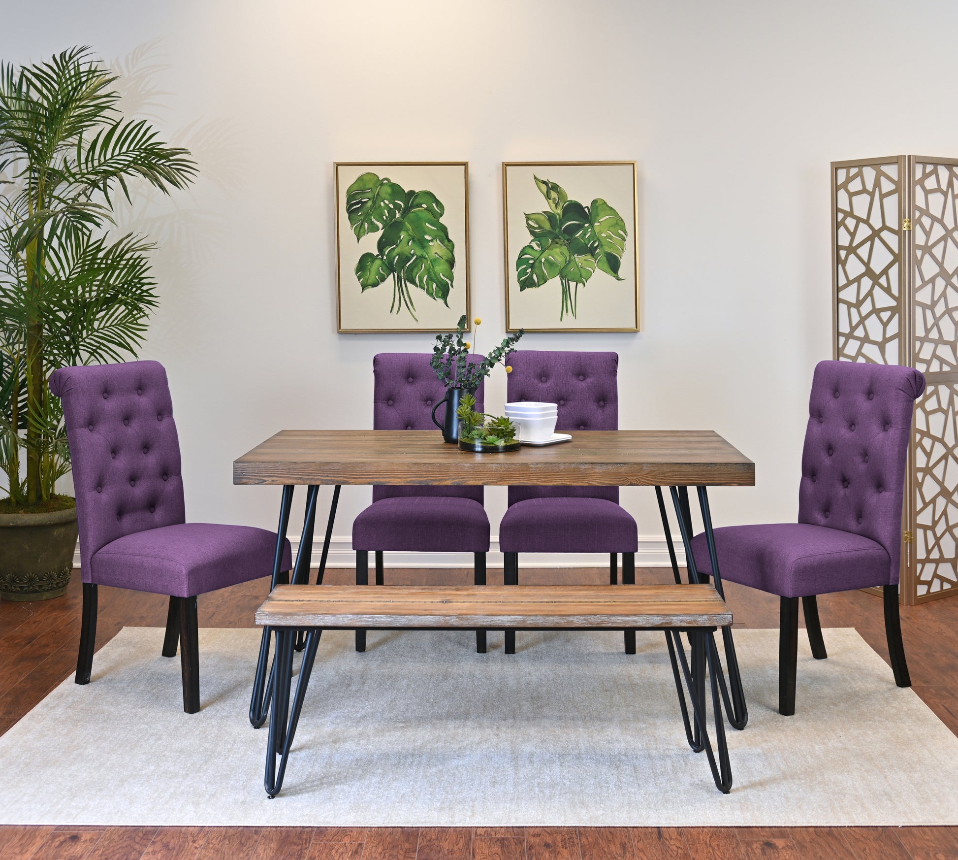 Ashford 6 Piece Dining Set, Hairpin Dining Table With 4 Chairs And Bench, 4 Color Options Brown Metal Dining Room Fixed Table Rubberwood Rectangular Dining Table With Chair And Bench Wood Wood Brown Seats 6 Rectangular 4 Leg Mdf Metal