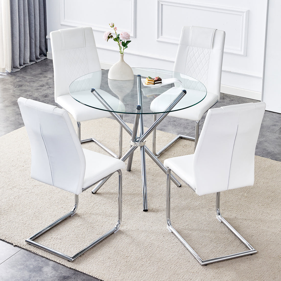 Table And Chair Set.36.6"Round Clear Glass Dining Table With A Unique Shape With Ring Shaped Gathered Silver Metal Legs.Paired With 4 White High Quality Pu Dining Chairs With Silver Metal Legs.