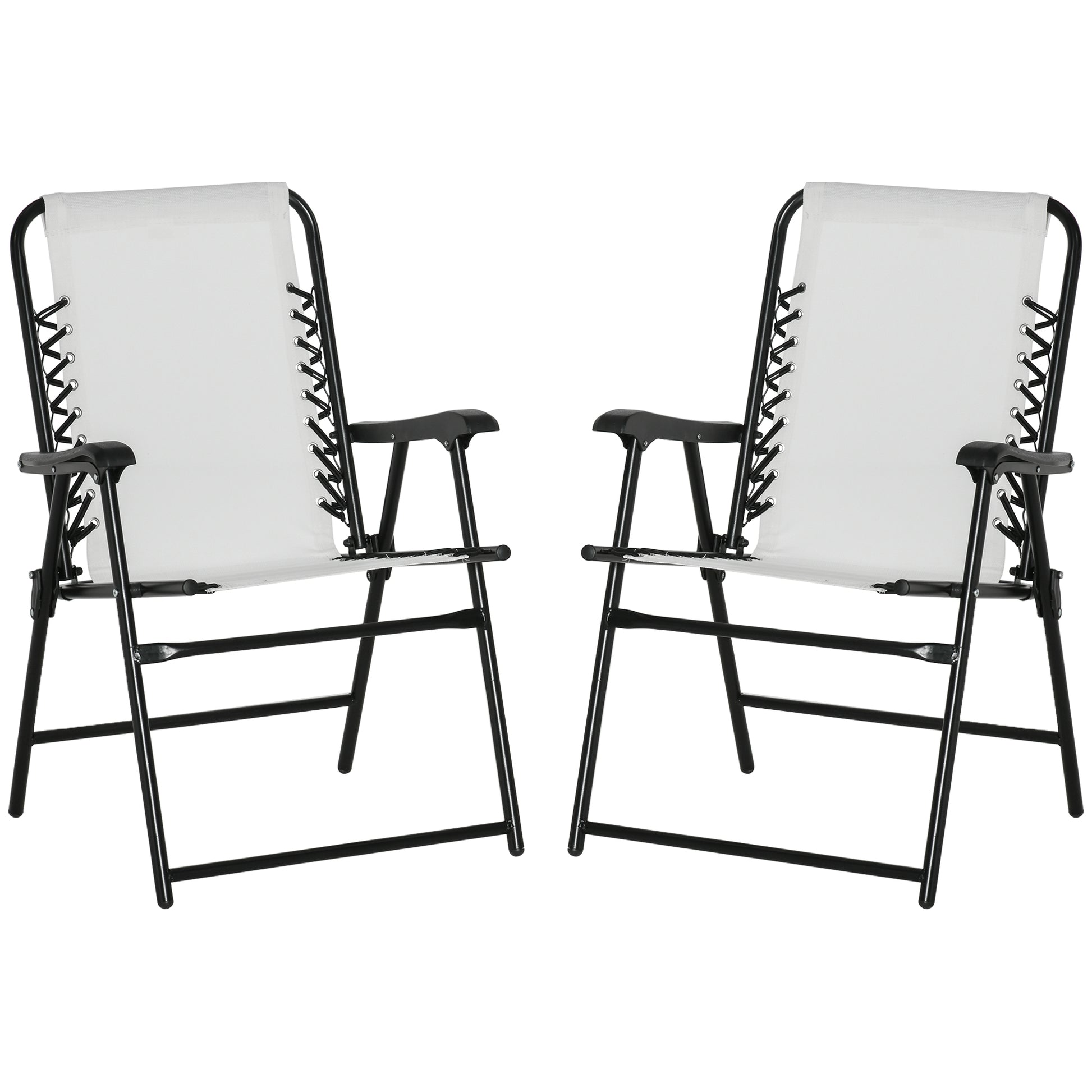 Outsunny Set Of 2 Patio Folding Chairs, Outdoor Bungee Sling Chairs W Armrests, Portable Lawn Chairs For Camping, Garden, Pool, Beach, Backyard, Cream White White Steel