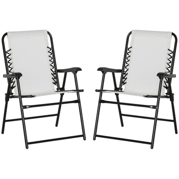 Outsunny Set Of 2 Patio Folding Chairs, Outdoor Bungee Sling Chairs W Armrests, Portable Lawn Chairs For Camping, Garden, Pool, Beach, Backyard, Cream White White Steel