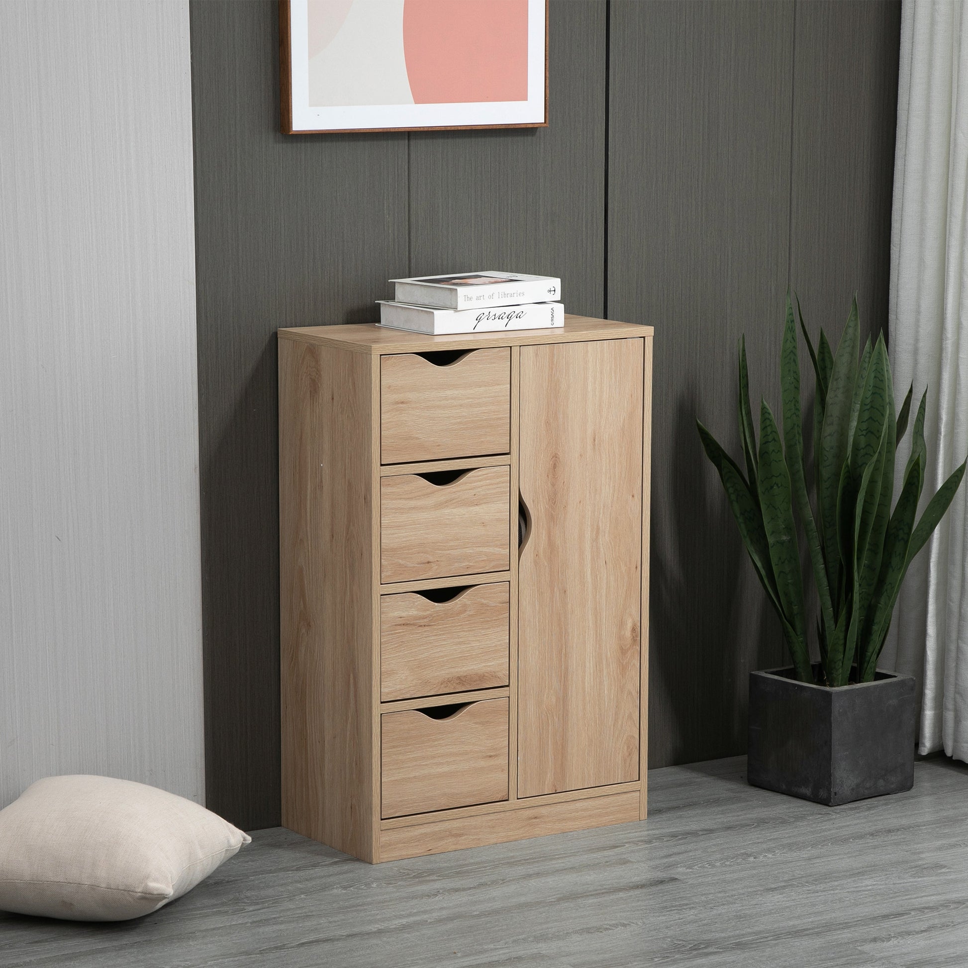 Homcom Freestanding Storage Cabinet, Bathroom Floor Cabinet With 4 Drawers And Door, Oak Oak Engineered Wood